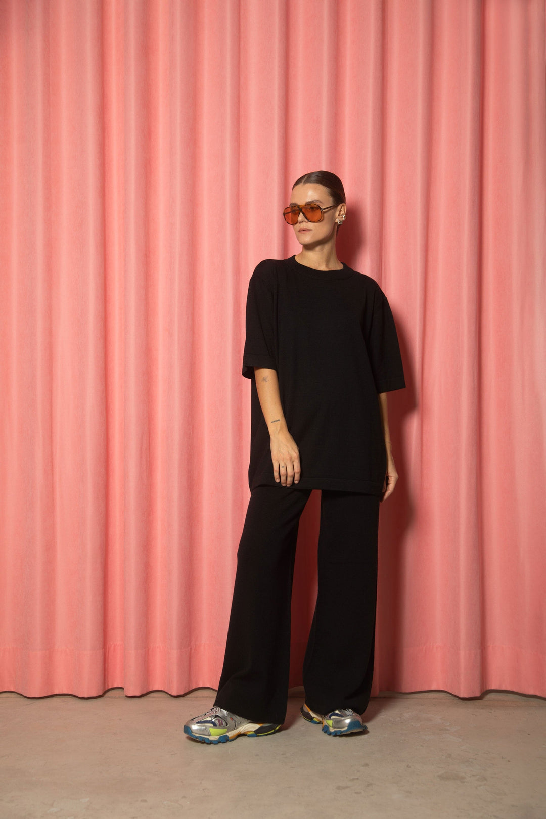BLACK EXTRA FINE MERINO WOOL T-SHIRT AND TROUSERS SET for lovers and trees ONE SIZE