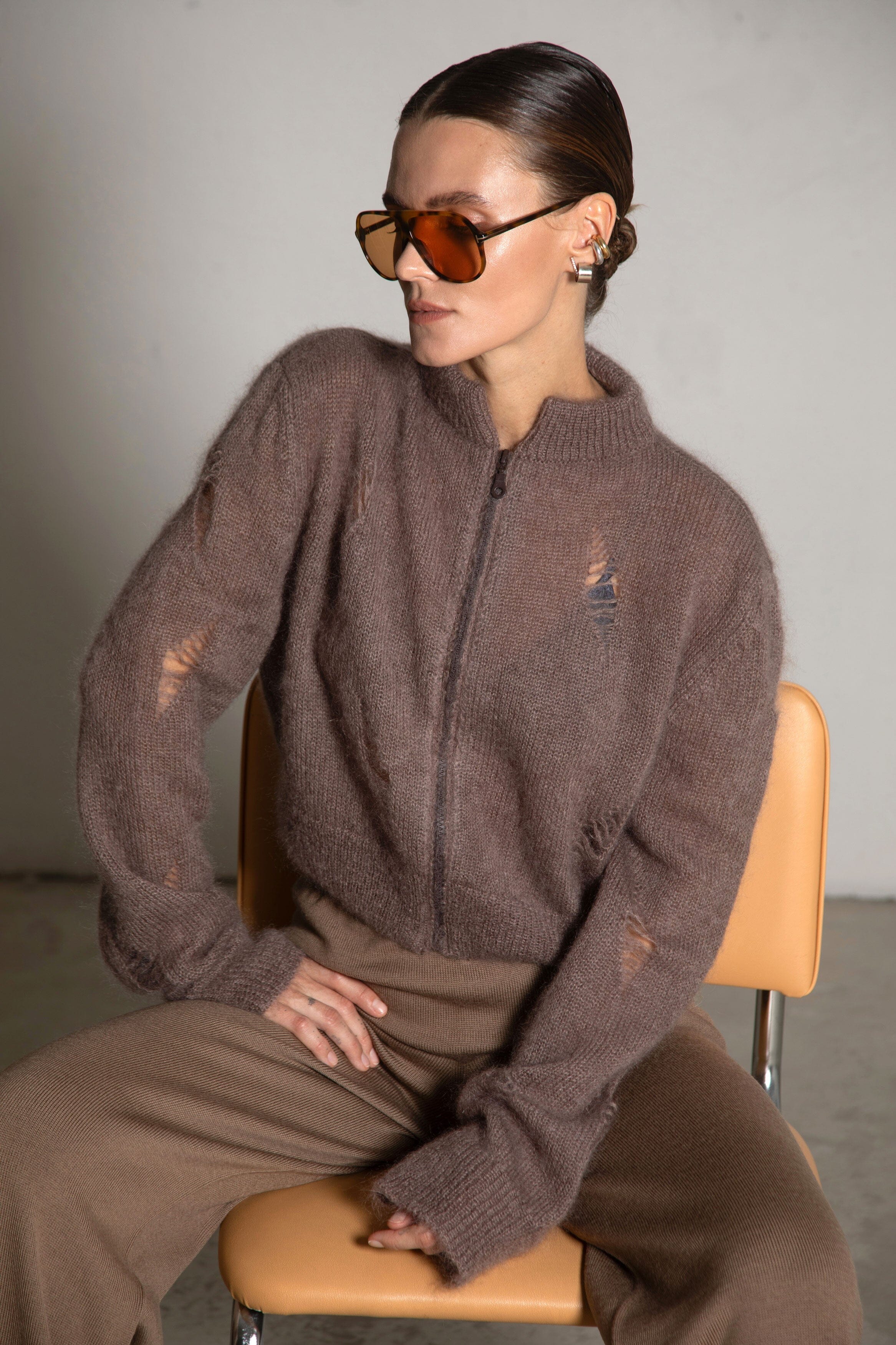 PRE-ORDER COCOA MOHAIR AND SILK CROPPED ZIP CARDIGAN for lovers and trees 