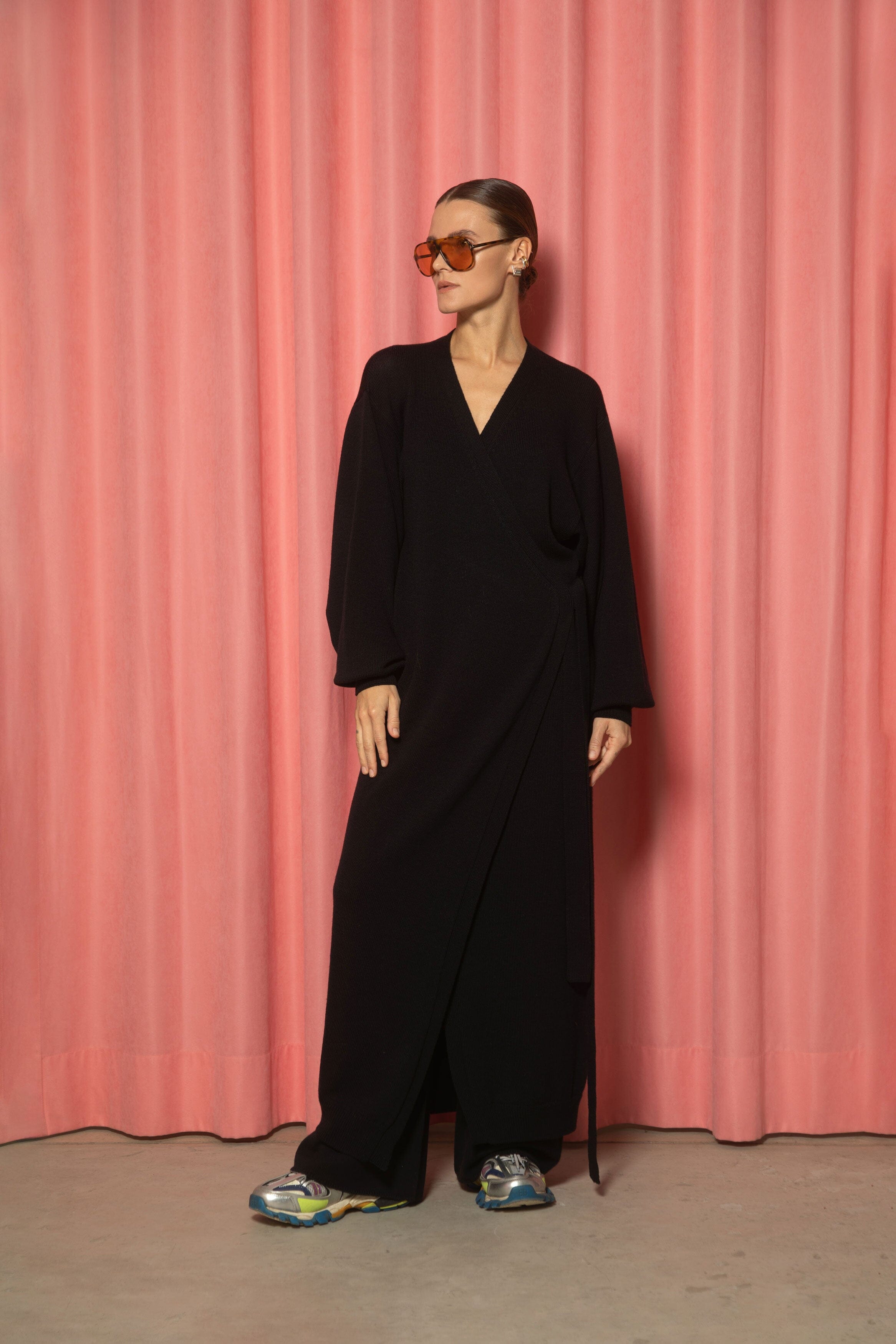 BLACK MERINO WOOL WRAP DRESS for lovers and trees ONE SIZE 