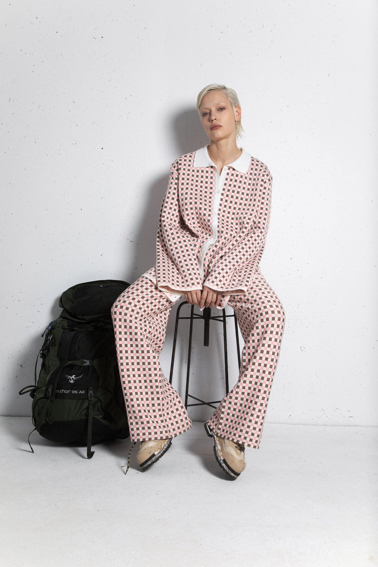 LIGHT PINK CHECKED EXTRA FINE MERINO WOOL POLO SHIRT AND TROUSERS SET for lovers and trees 