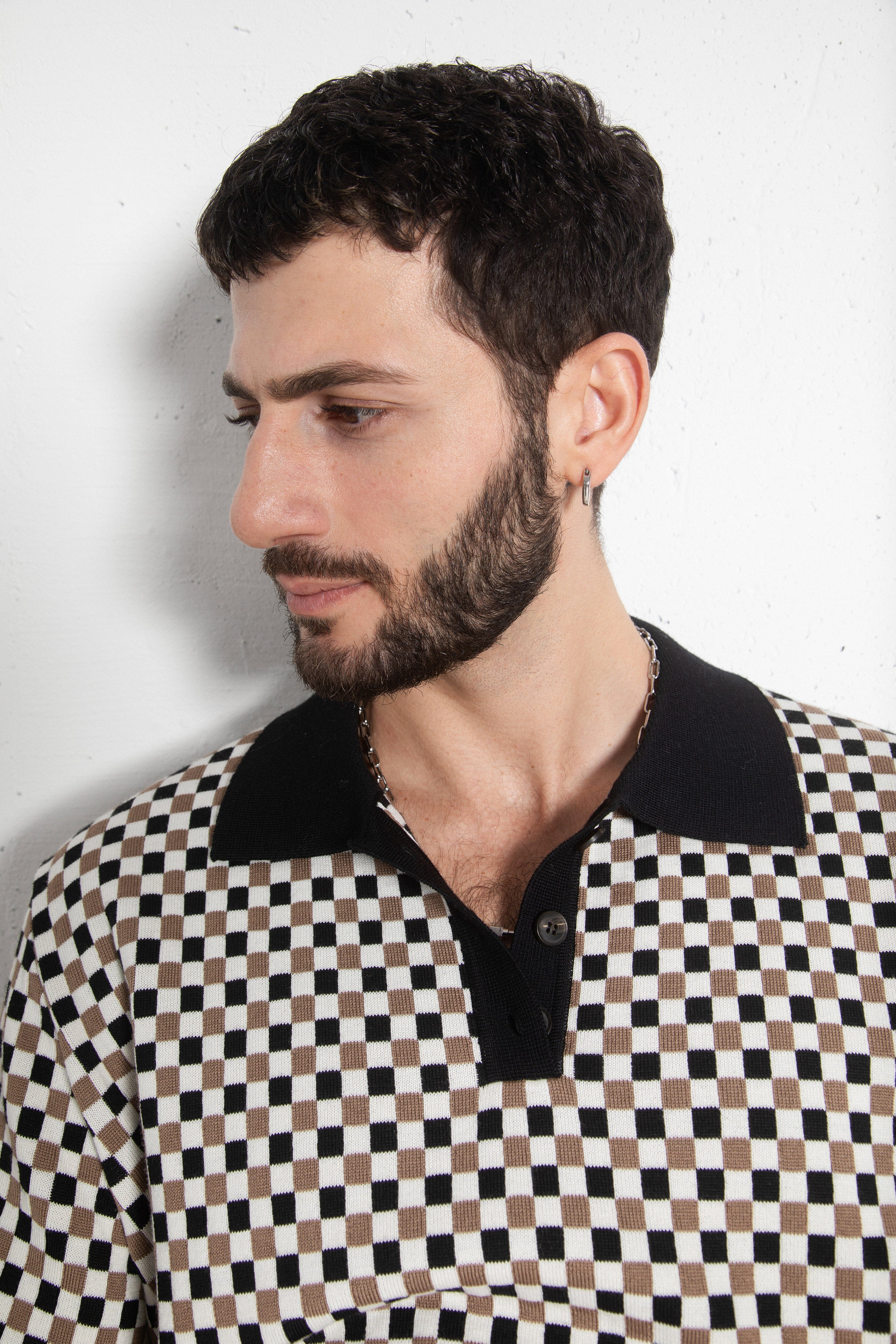 BLACK CHECKED EXTRA FINE MERINO WOOL POLO T-SHIRT for lovers and trees 