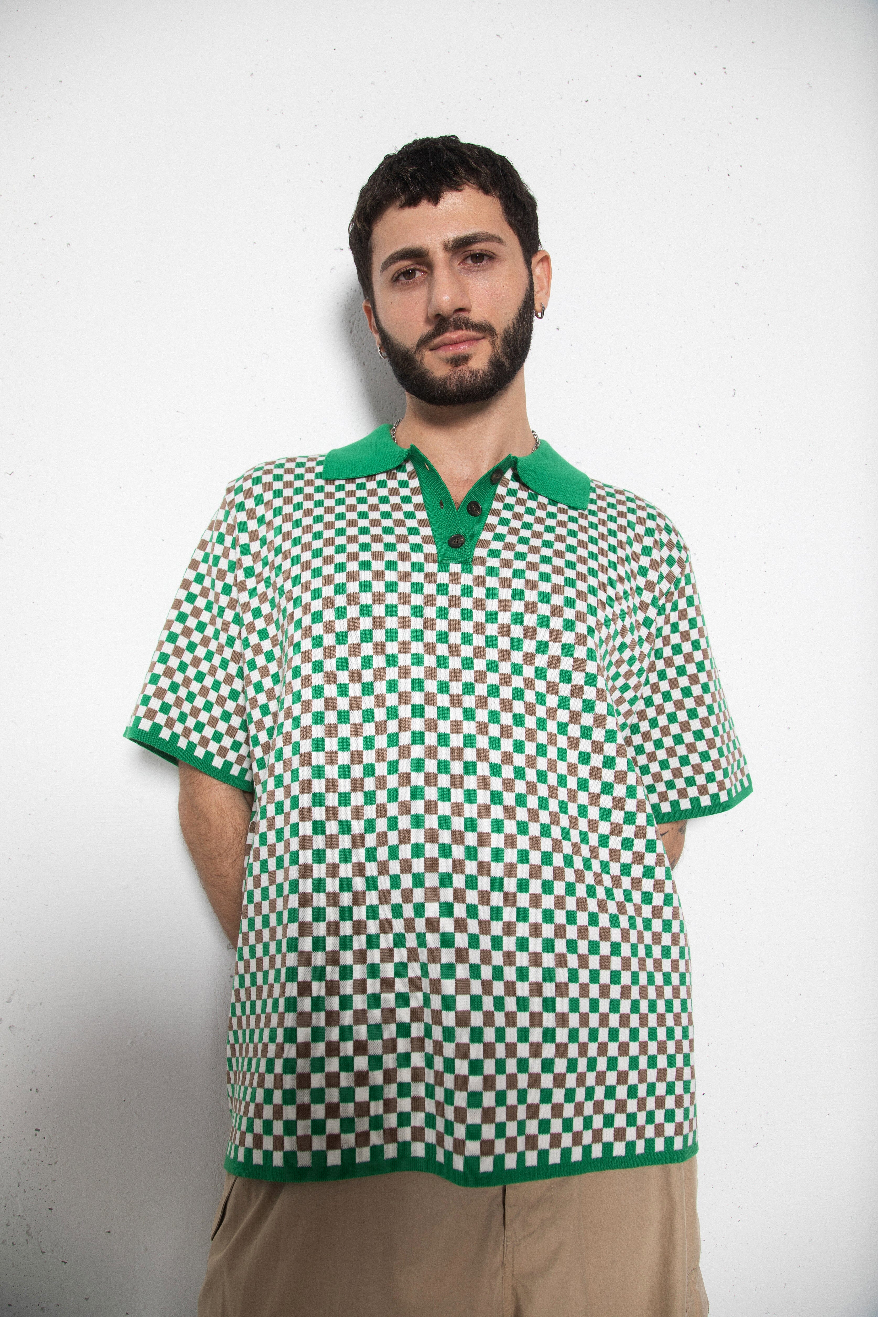 GREEN CHECKED EXTRA FINE MERINO WOOL POLO T-SHIRT for lovers and trees 