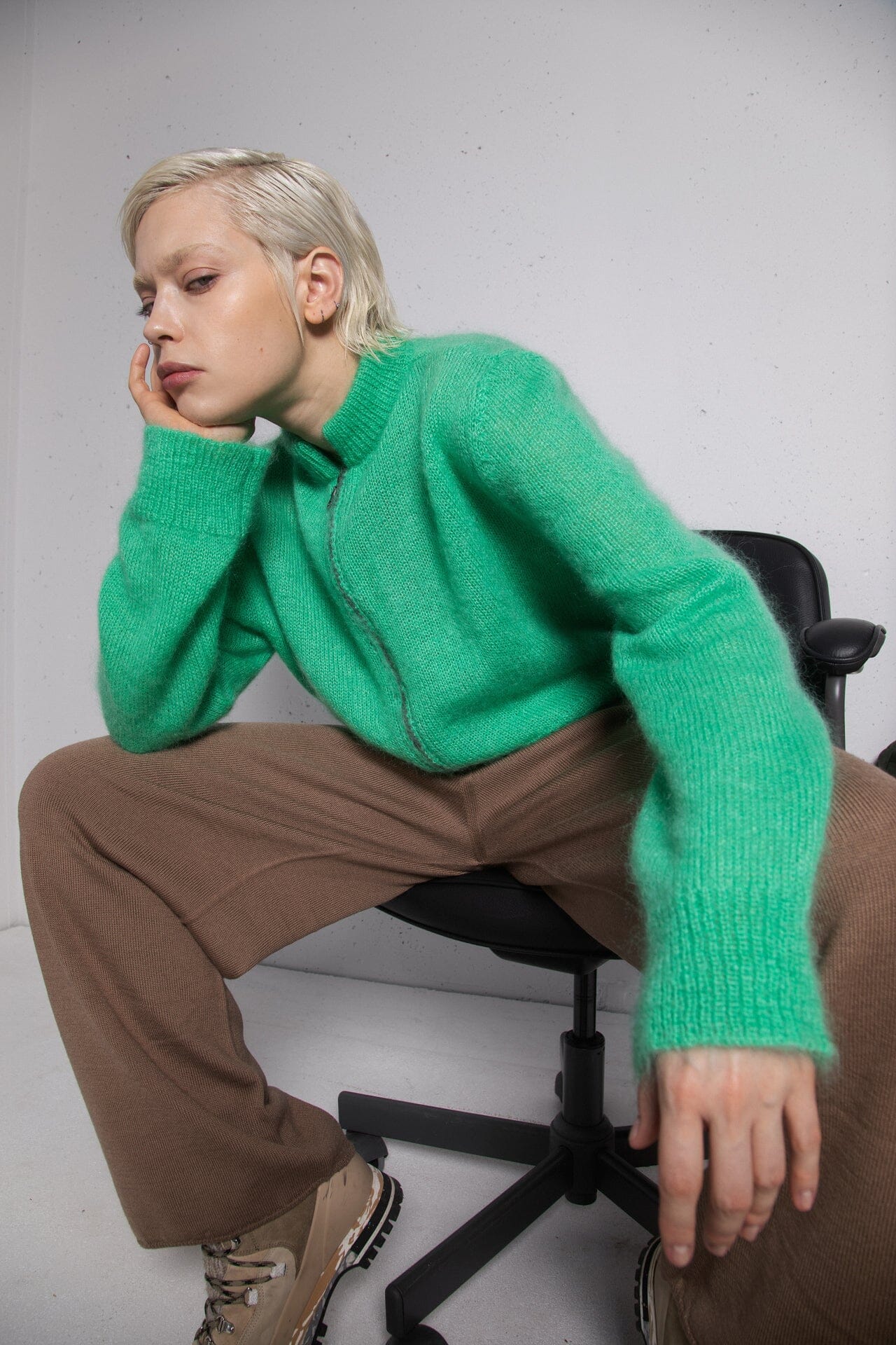 ELECTRIC GREEN MOHAIR AND SILK CROPPED ZIP CARDIGAN for lovers and trees 