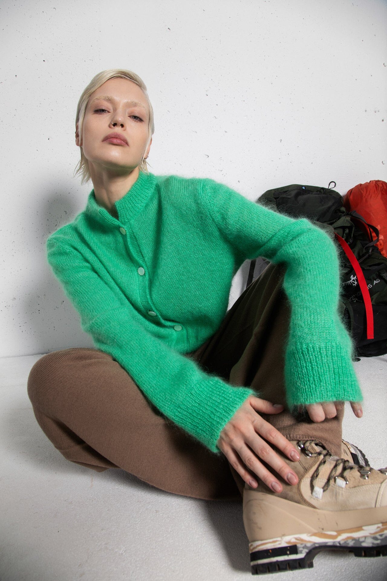 ELECTRIC GREEN MOHAIR AND SILK BUTTON DOWN CROPPED CARDIGAN for lovers and trees 