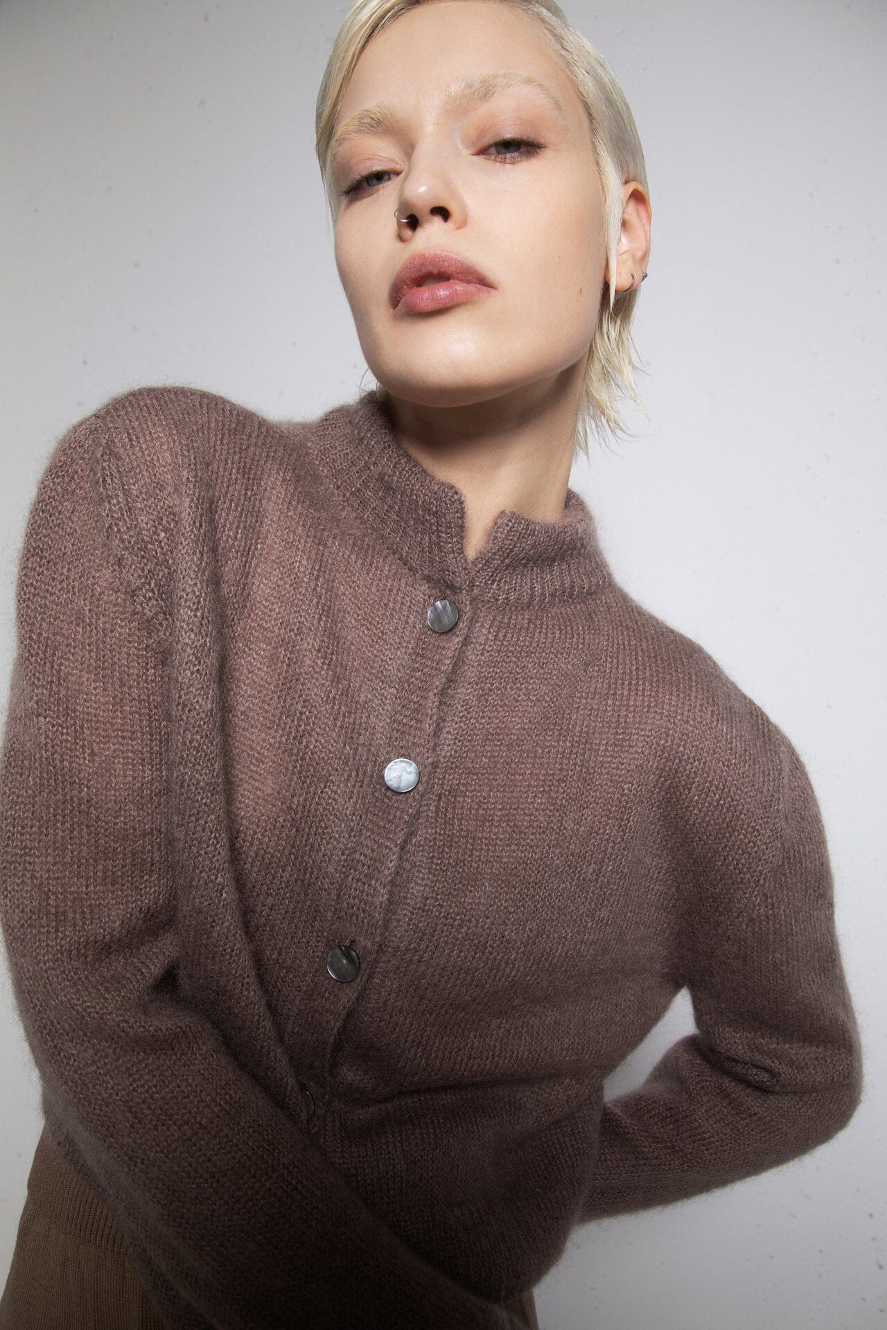 COCOA MOHAIR AND SILK BUTTON DOWN CROPPED CARDIGAN for lovers and trees 