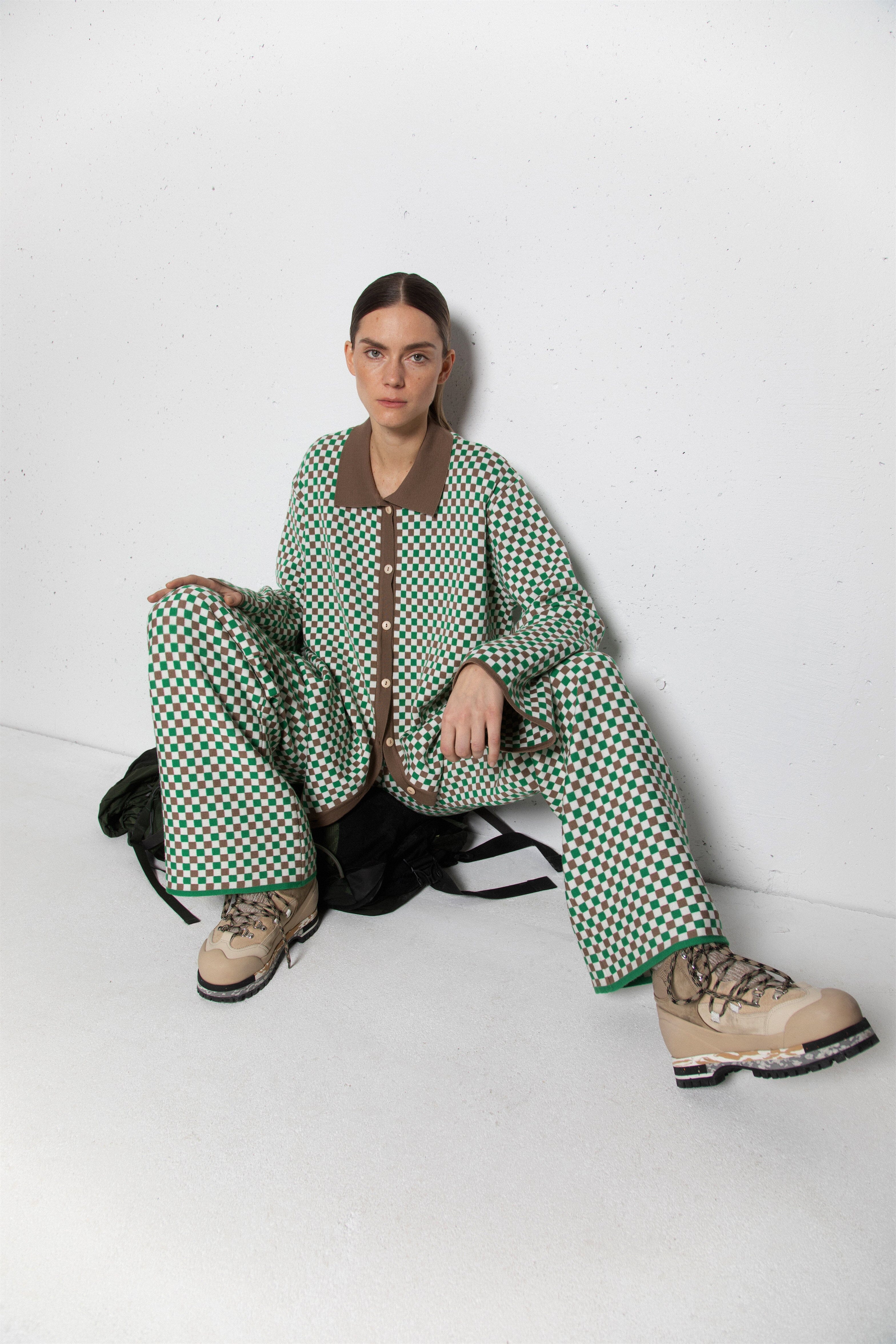 GREEN CHECKED EXTRA FINE MERINO WOOL POLO SHIRT AND TROUSERS SET for lovers and trees 