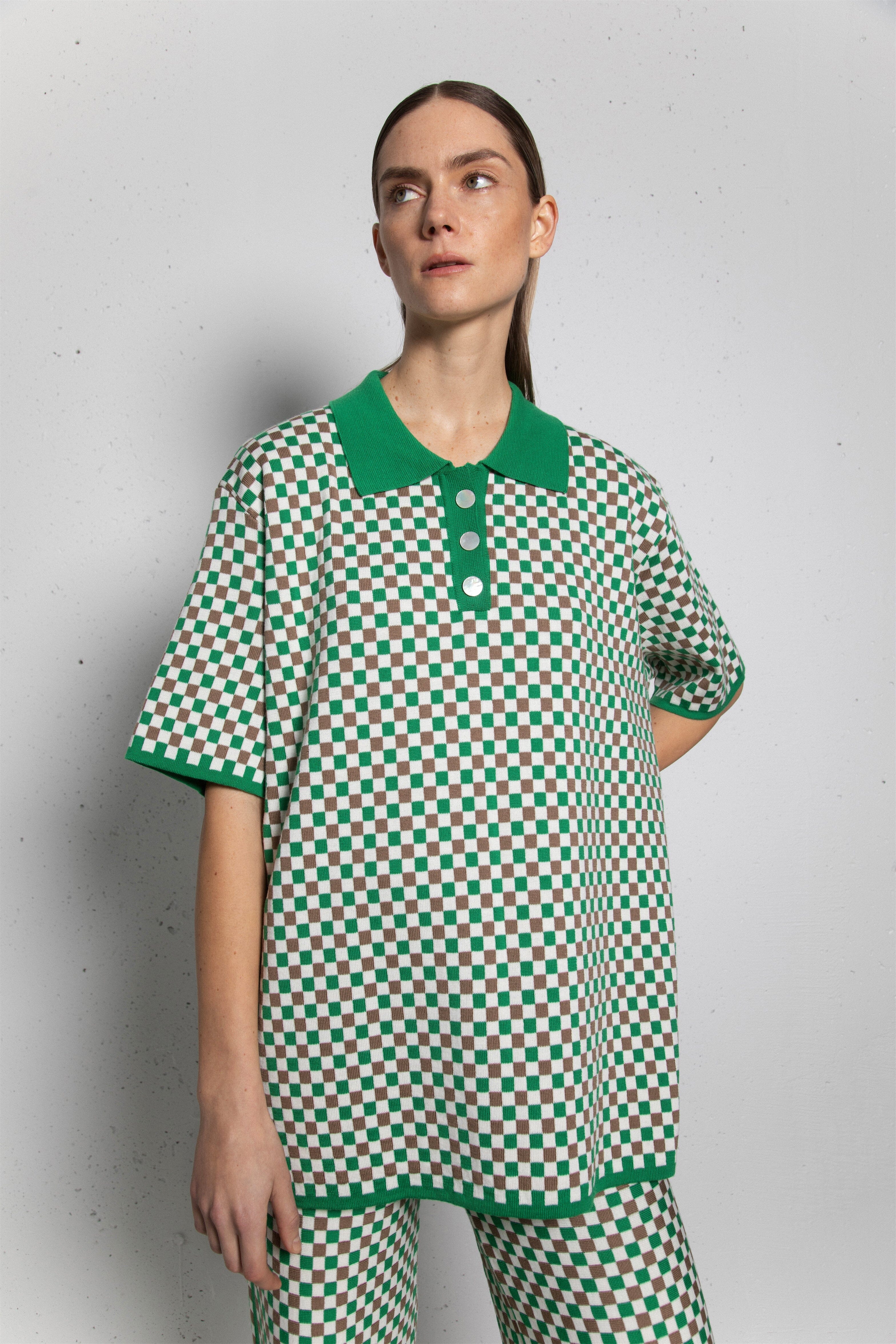 GREEN CHECKED EXTRA FINE MERINO WOOL POLO T-SHIRT for lovers and trees 