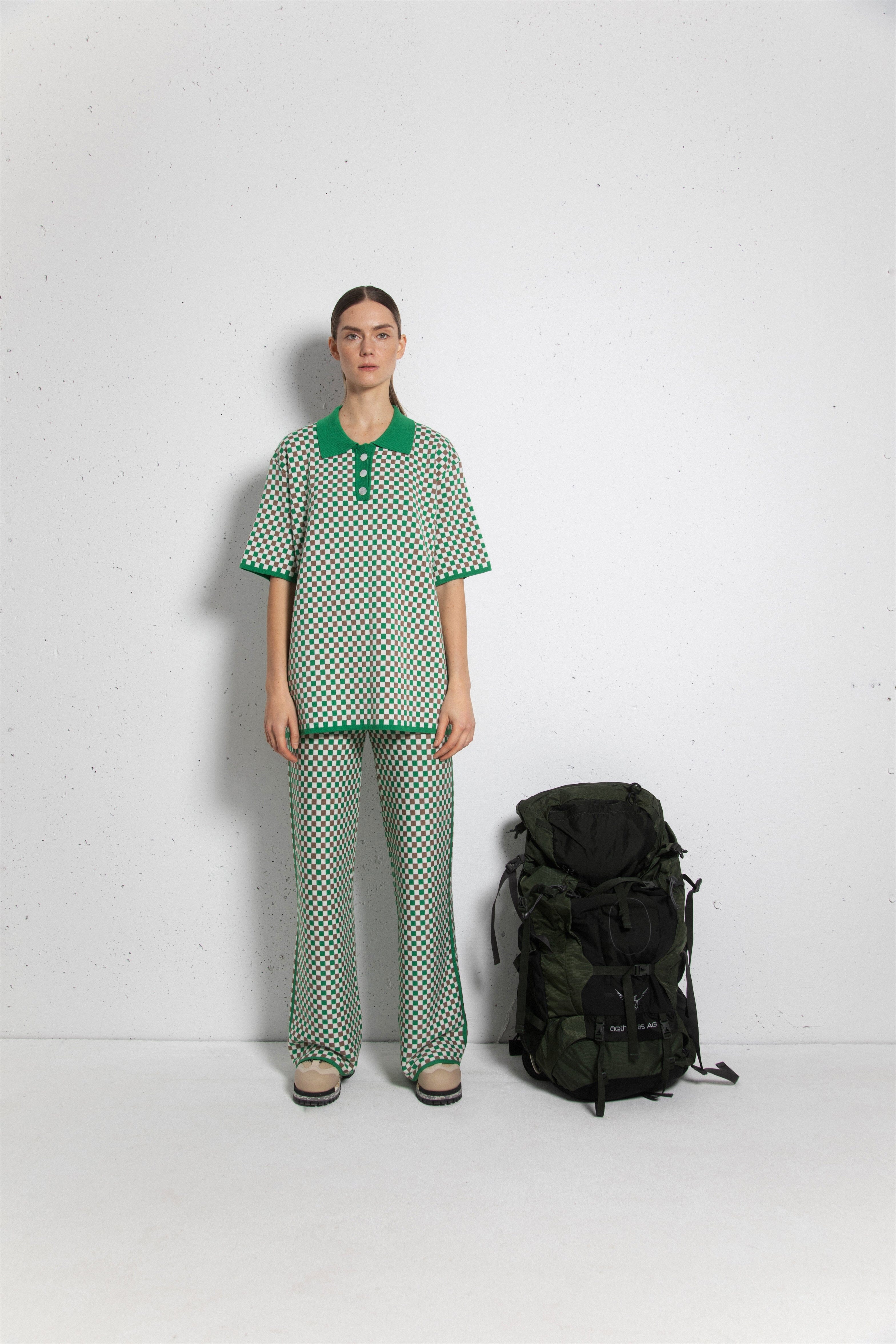 GREEN CHECKED EXTRA FINE MERINO WOOL POLO T-SHIRT AND TROUSERS SET for lovers and trees 