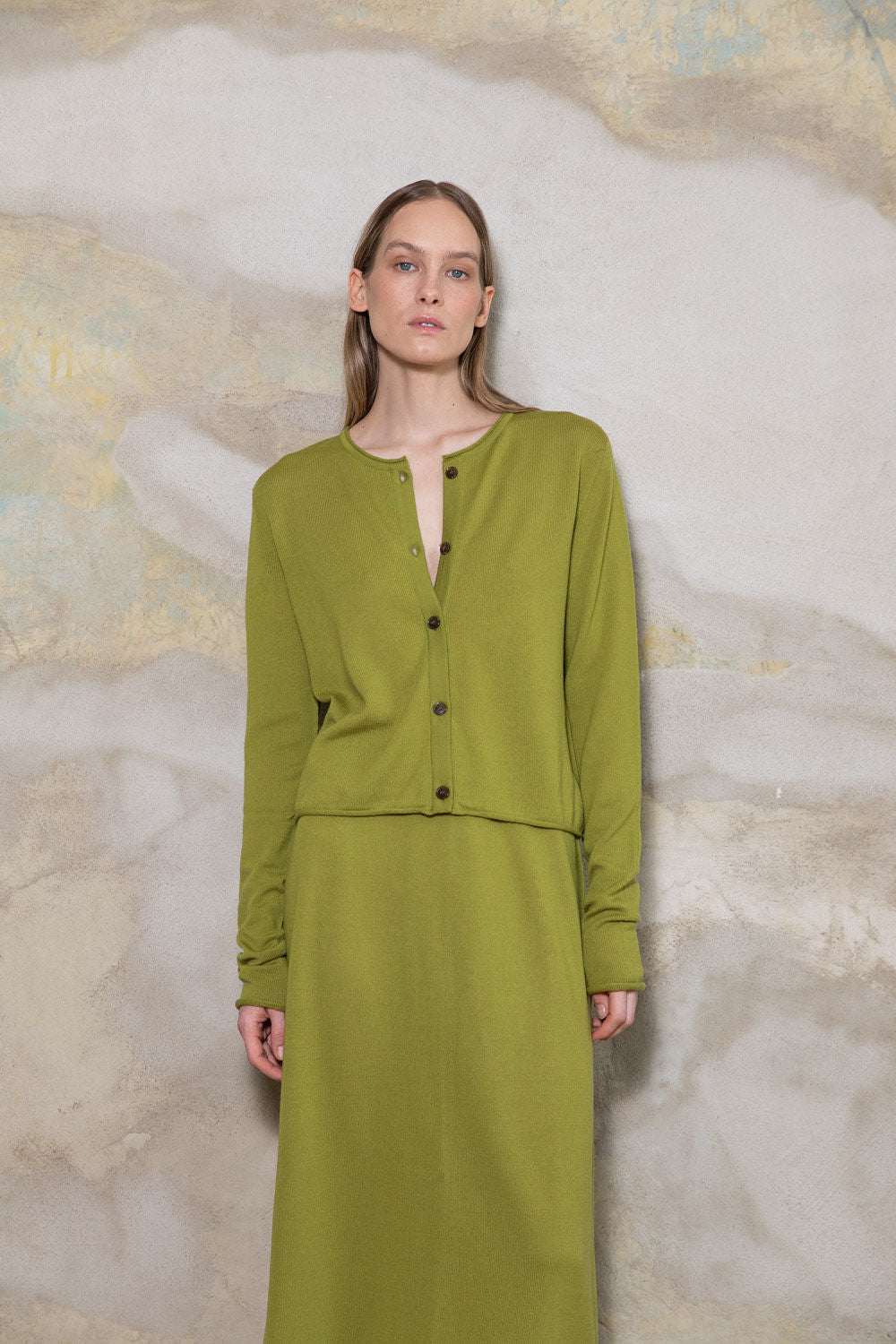 PEAR GREEN SHEER-KNIT EXTRA FINE MERINO WOOL MIDI SKIRT