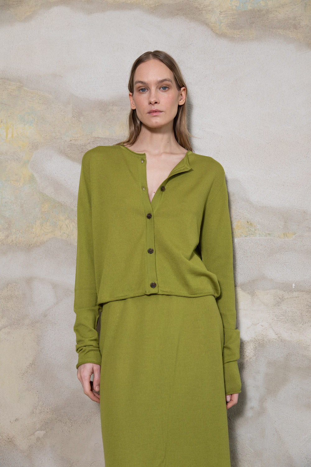 PEAR GREEN SHEER-KNIT EXTRA FINE MERINO WOOL MIDI SKIRT