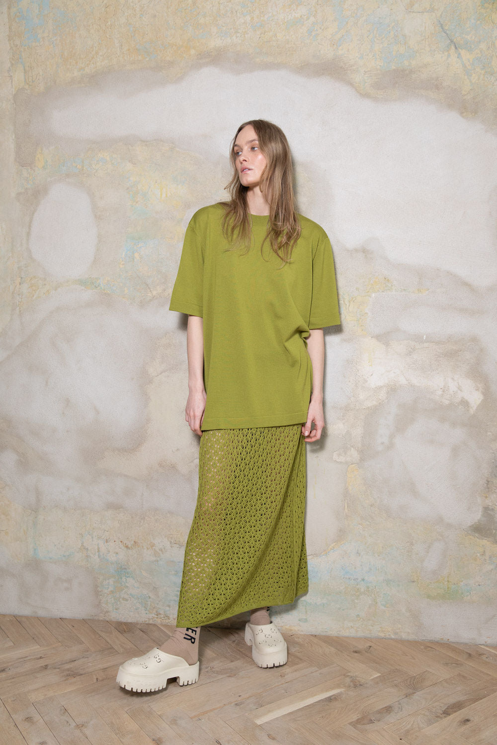 PEAR GREEN EXTRA FINE MERINO WOOL LACE SKIRT