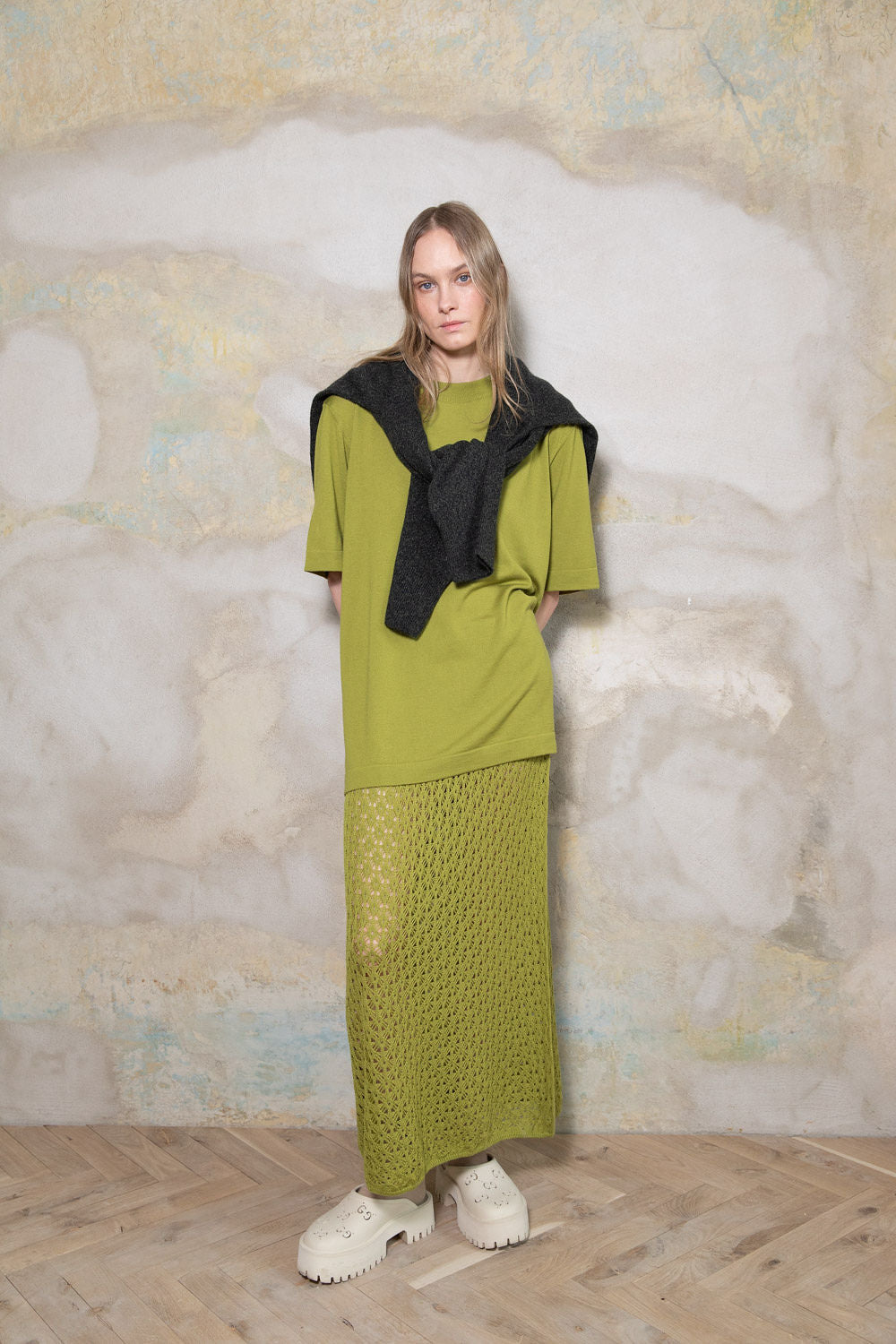 PEAR GREEN EXTRA FINE MERINO WOOL LACE SKIRT