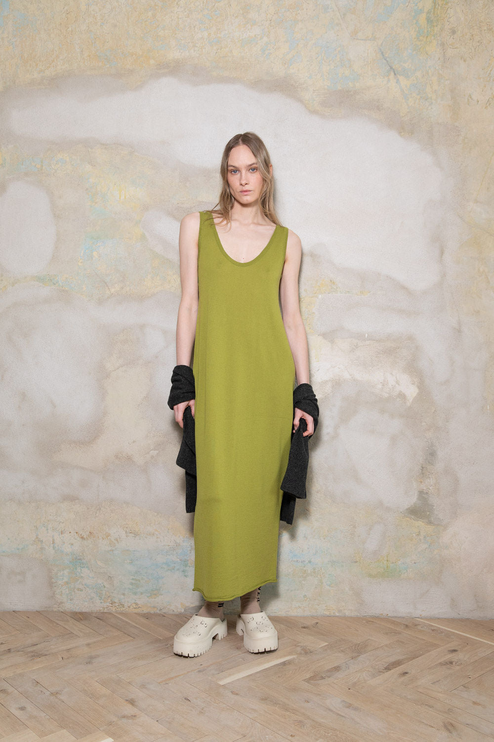PEAR GREEN SHEER-KNIT EXTRA FINE MERINO WOOL DRESS