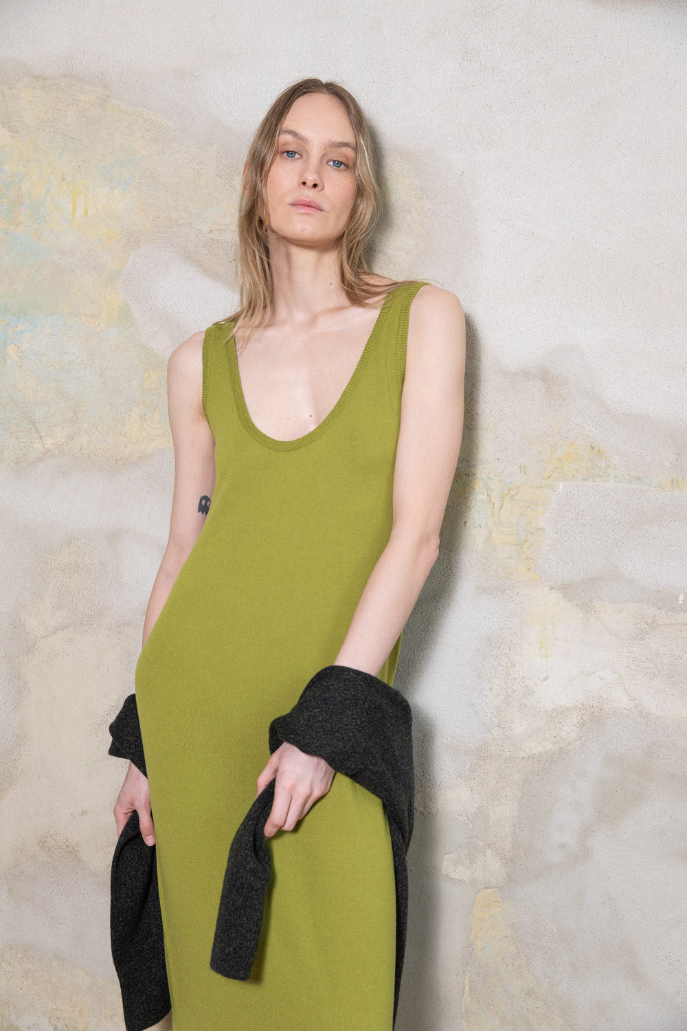 PEAR GREEN SHEER-KNIT EXTRA FINE MERINO WOOL DRESS