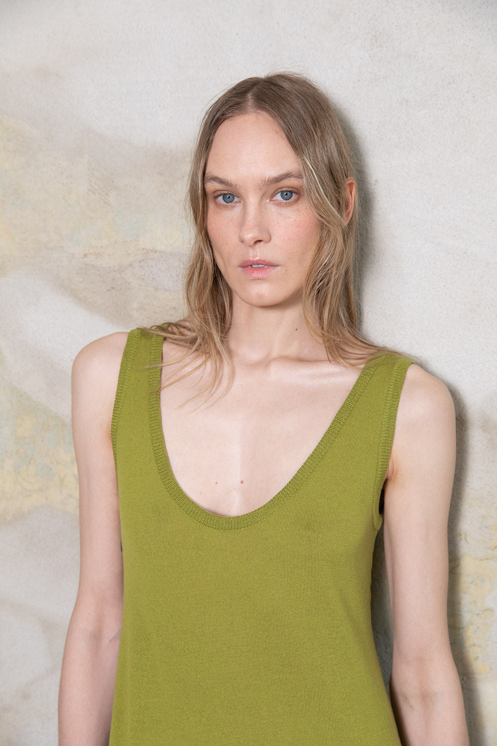 PEAR GREEN SHEER-KNIT EXTRA FINE MERINO WOOL DRESS