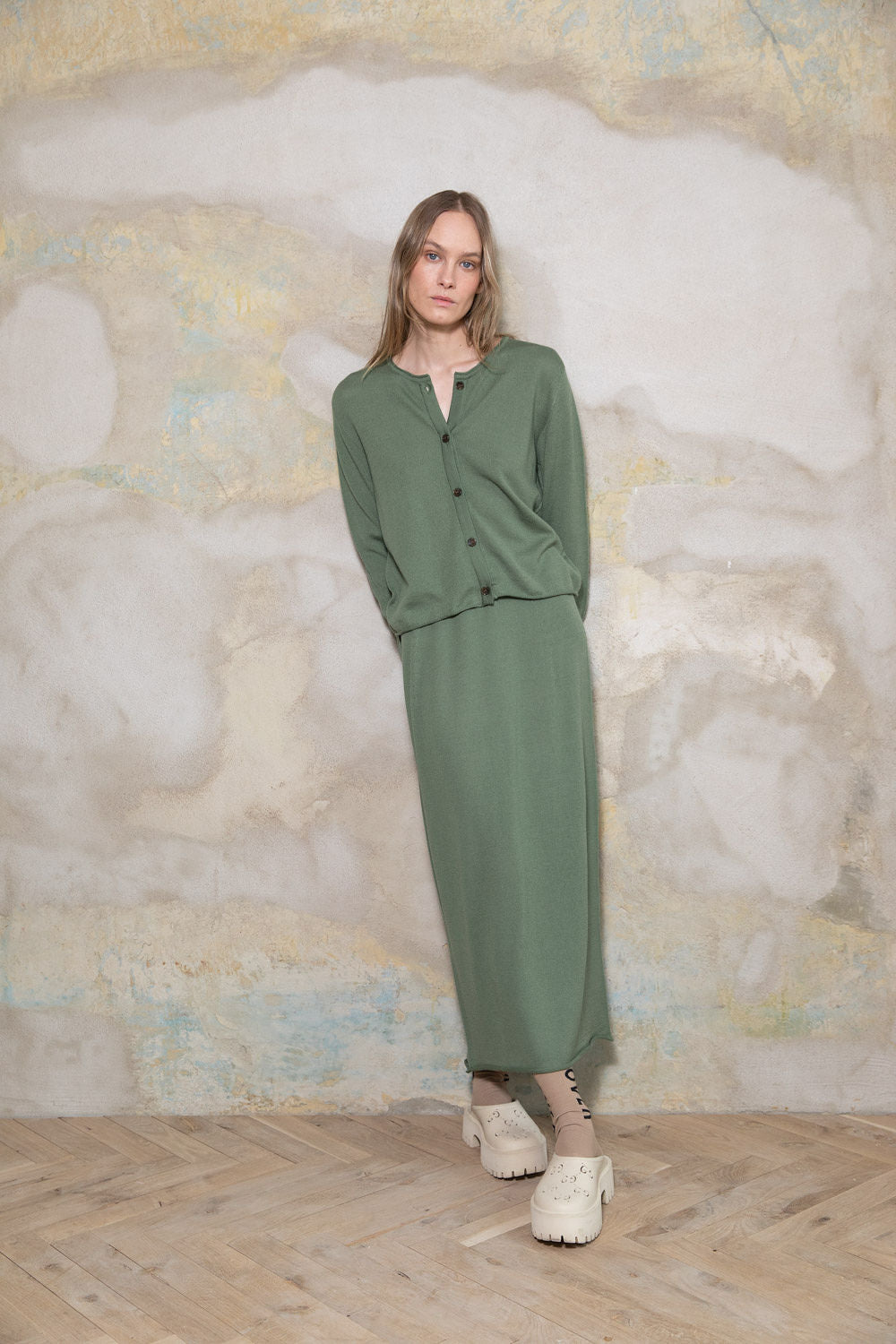 SEA GREEN SHEER-KNIT EXTRA FINE MERINO WOOL MIDI SKIRT