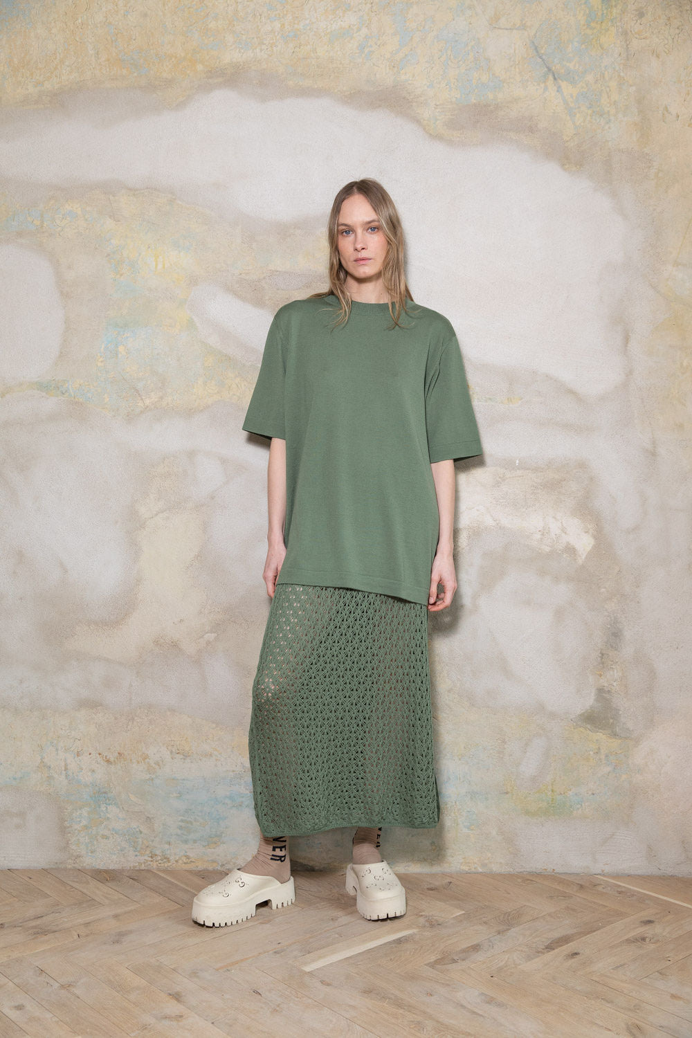 SEA GREEN EXTRA FINE MERINO WOOL LACE SKIRT