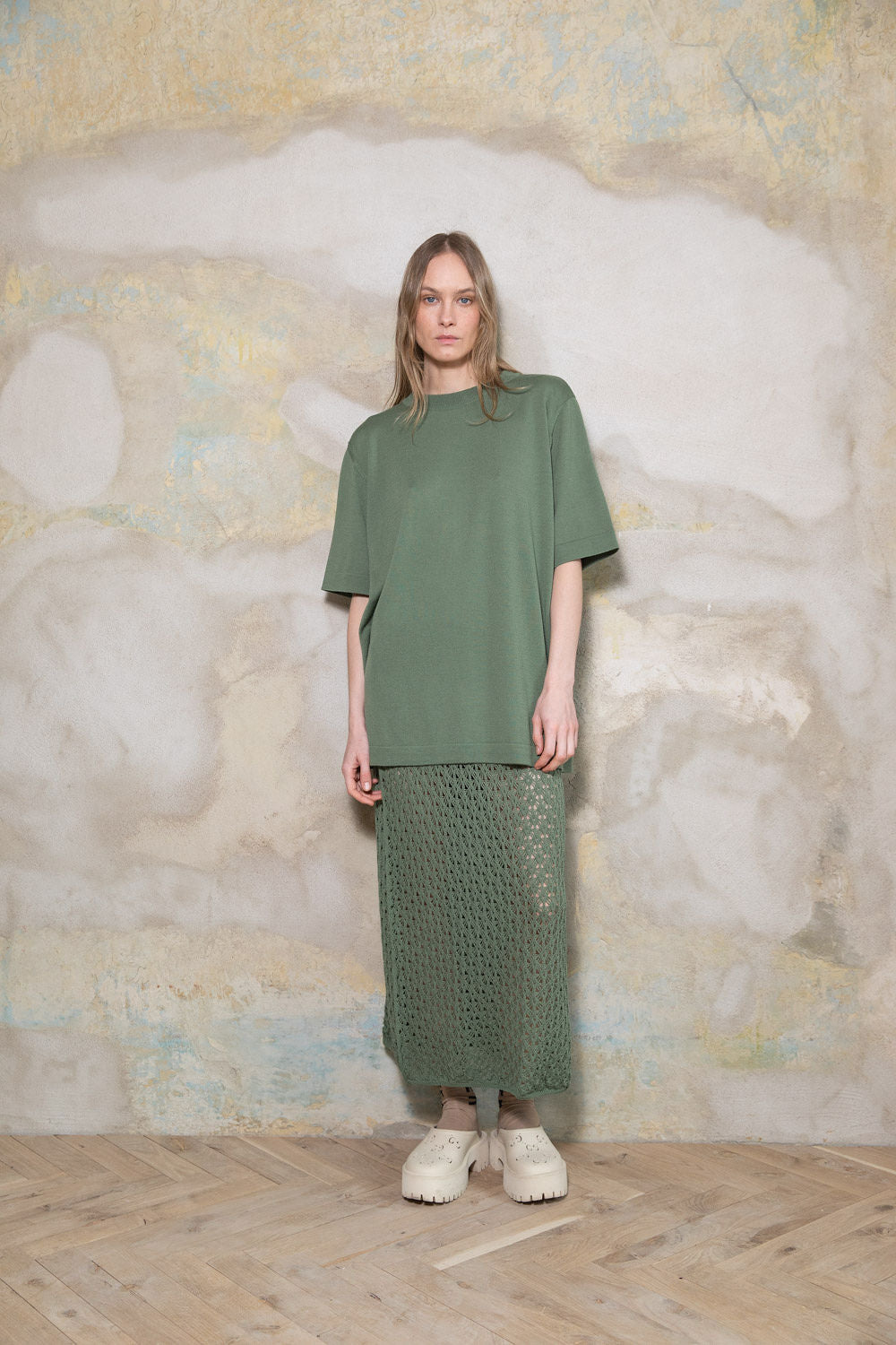 SEA GREEN EXTRA FINE MERINO WOOL LACE SKIRT