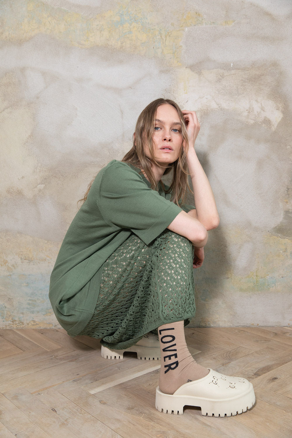 SEA GREEN EXTRA FINE MERINO WOOL LACE SKIRT