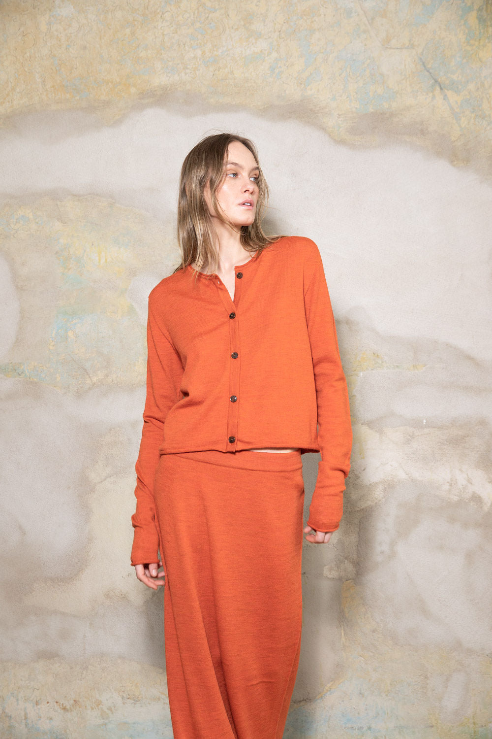 RED ORANGE SHEER-KNIT EXTRA FINE MERINO WOOL MIDI SKIRT