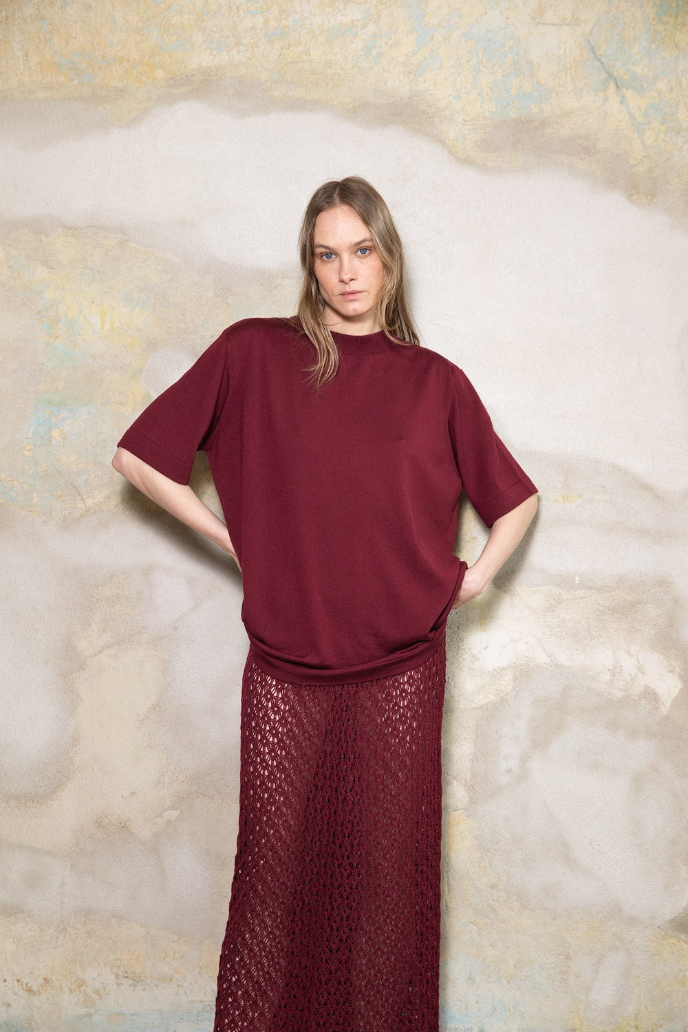 WINE RED EXTRA FINE MERINO WOOL T-SHIRT