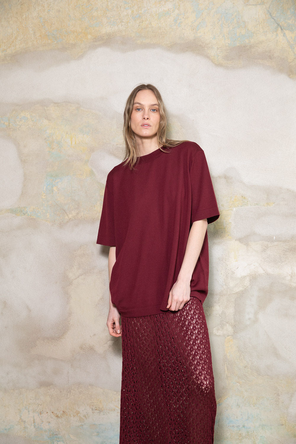 WINE RED EXTRA FINE MERINO WOOL LACE SKIRT