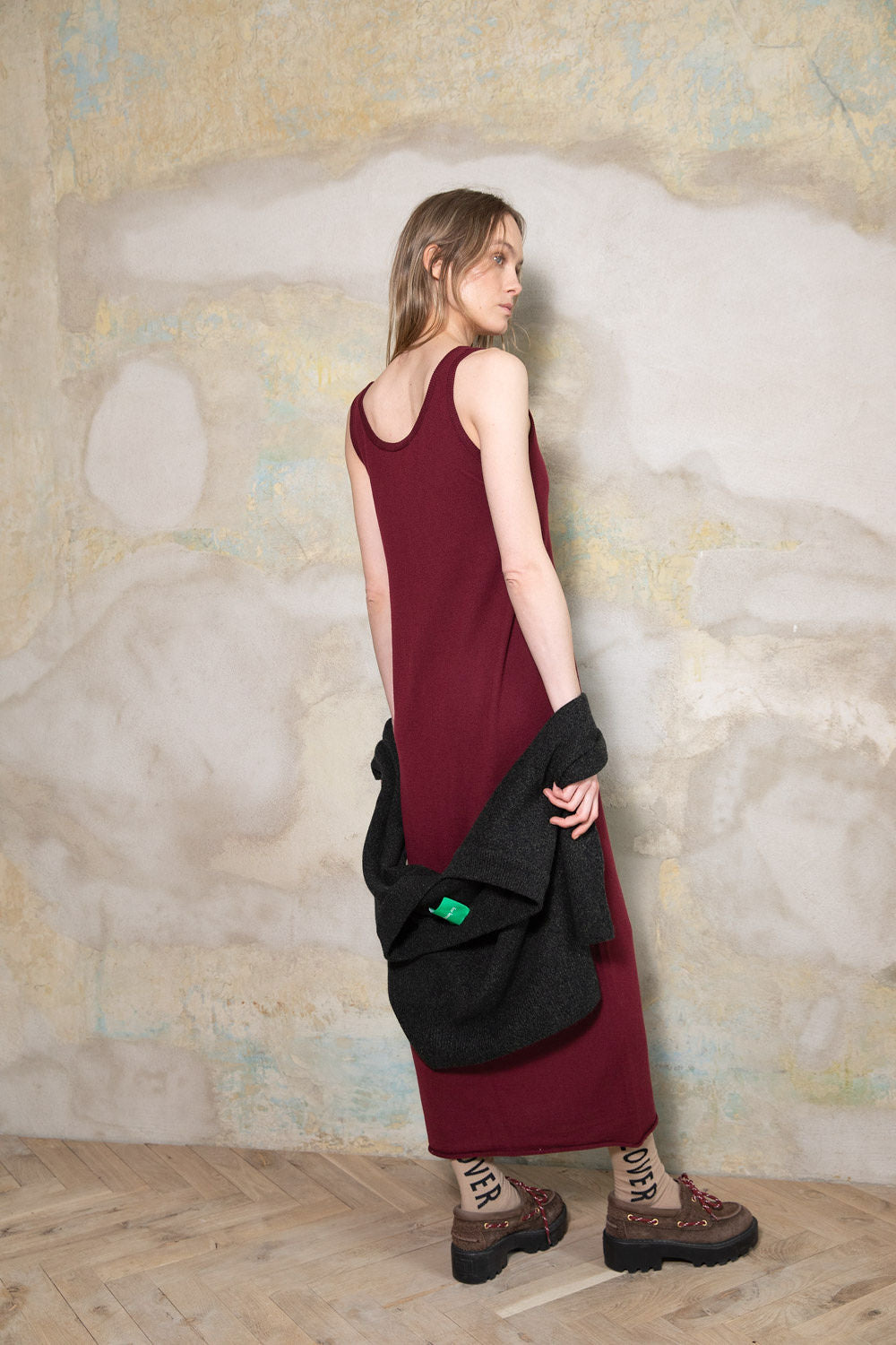 WINE RED SHEER-KNIT EXTRA FINE MERINO WOOL DRESS