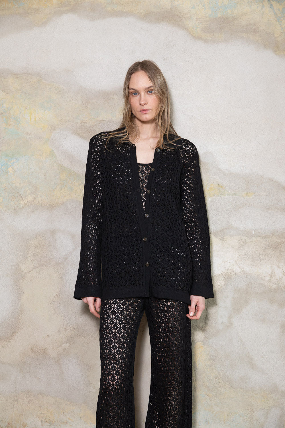 BLACK EXTRA FINE MERINO WOOL LACE TROUSERS