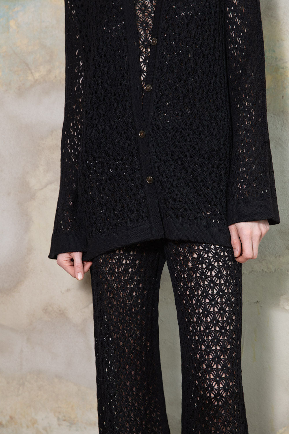 BLACK EXTRA FINE MERINO WOOL LACE TROUSERS