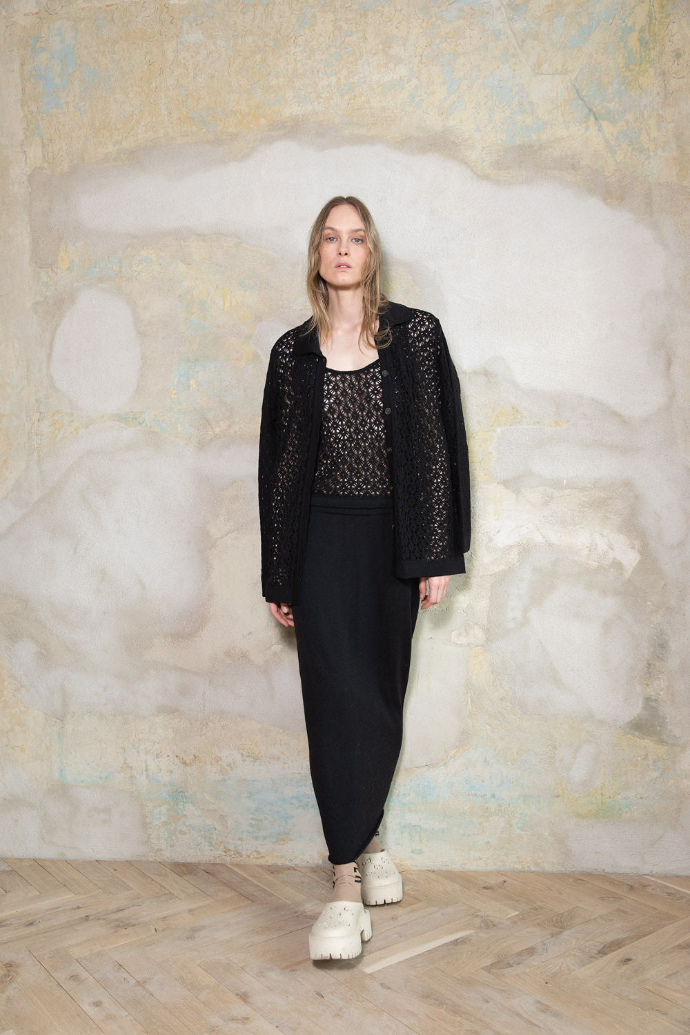 BLACK SHEER-KNIT EXTRA FINE MERINO WOOL MIDI SKIRT