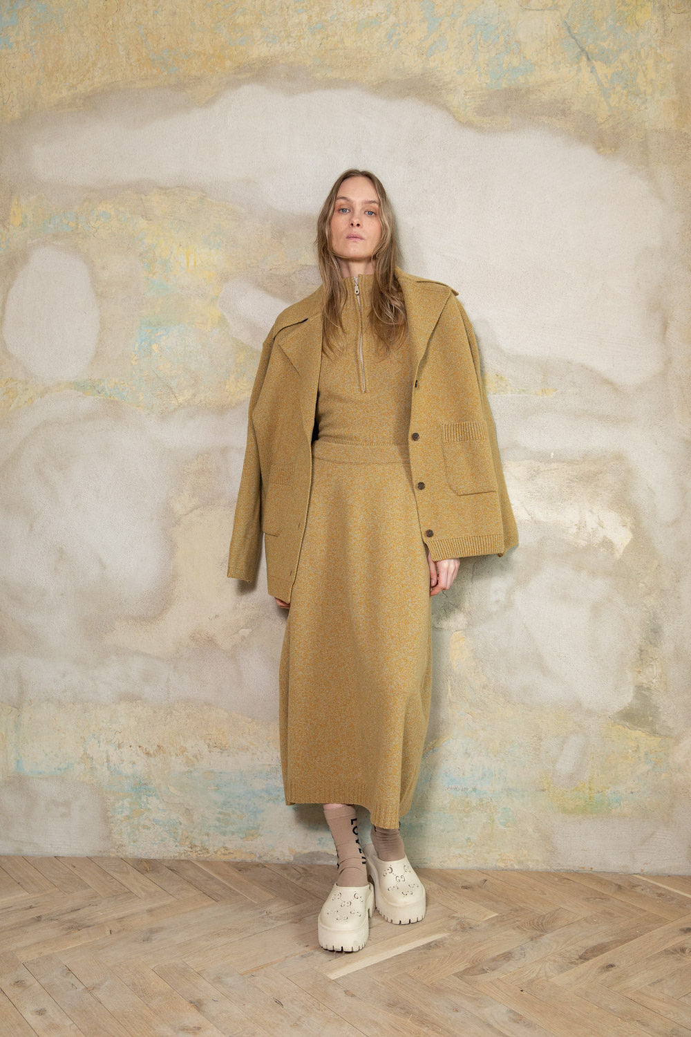 YELLOW MELANGE CASHMERE-MERINO WOOL MAXI SKIRT