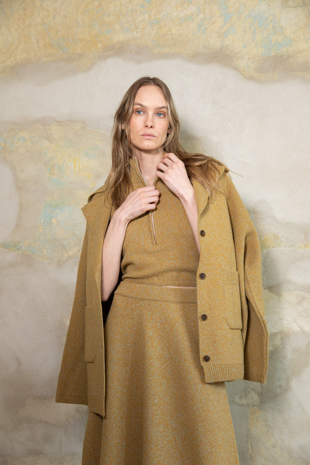 YELLOW MELANGE CASHMERE-MERINO WOOL MAXI SKIRT