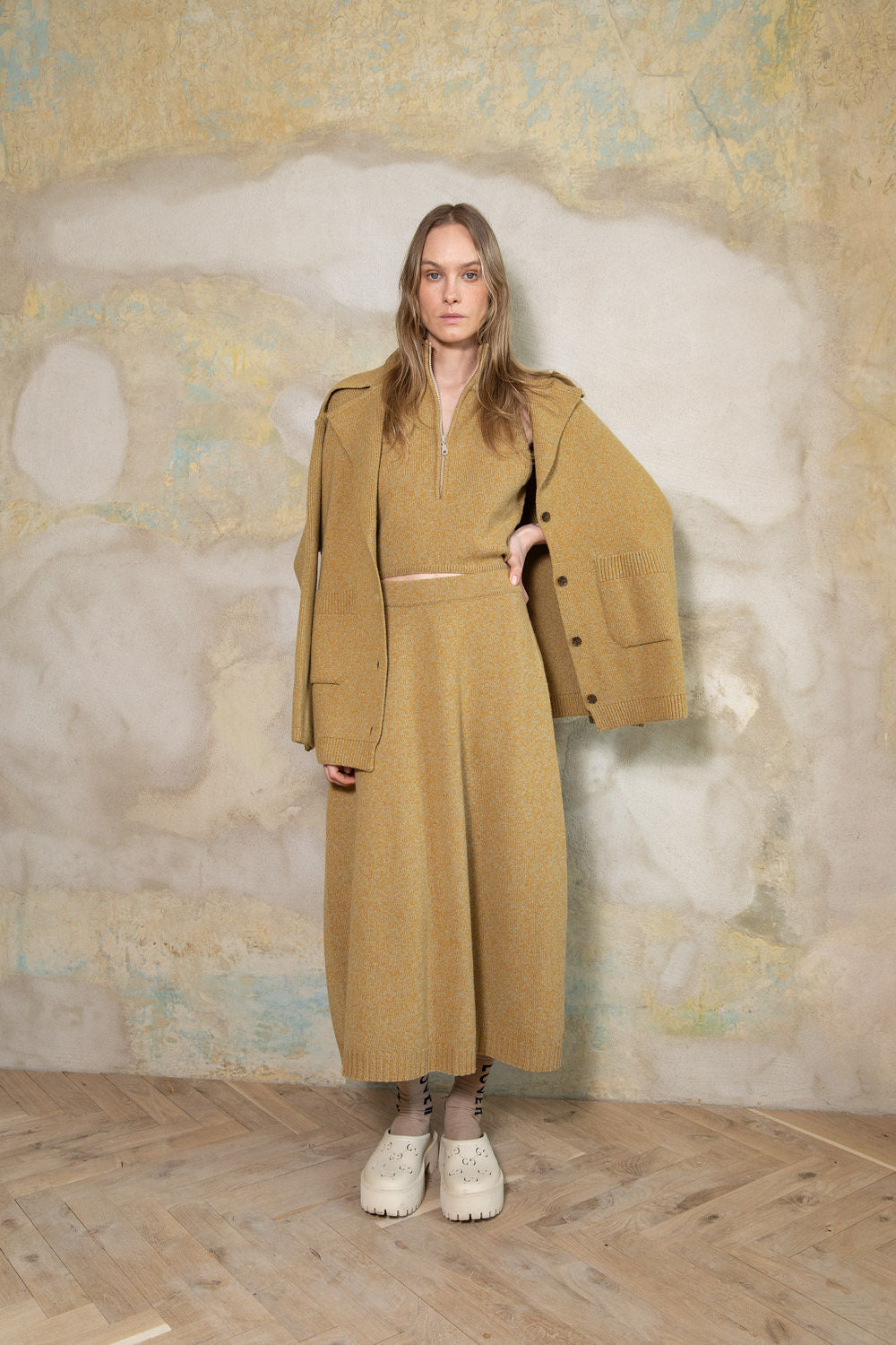 YELLOW MELANGE CASHMERE-MERINO WOOL MAXI SKIRT