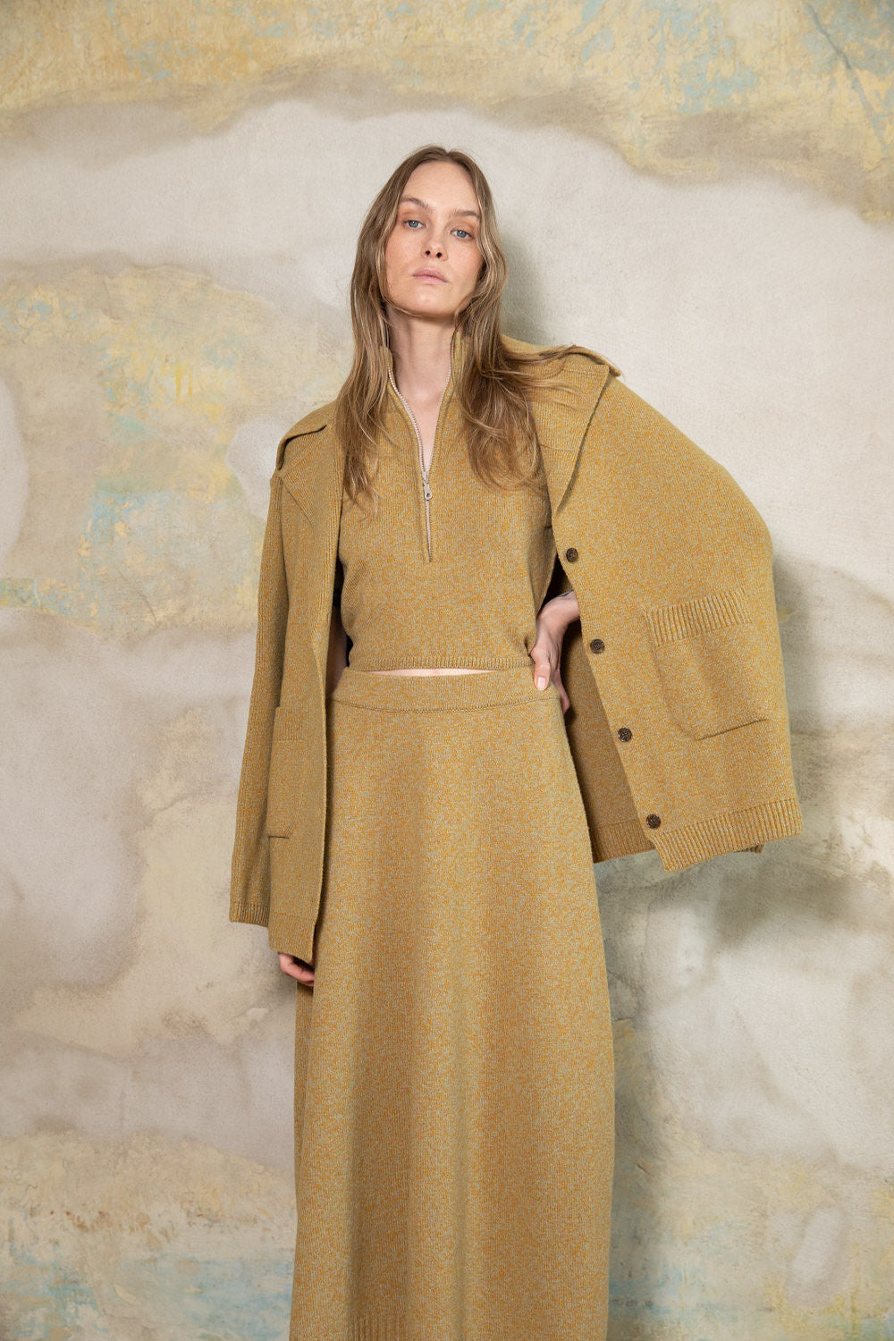 YELLOW MELANGE CASHMERE-MERINO WOOL MAXI SKIRT