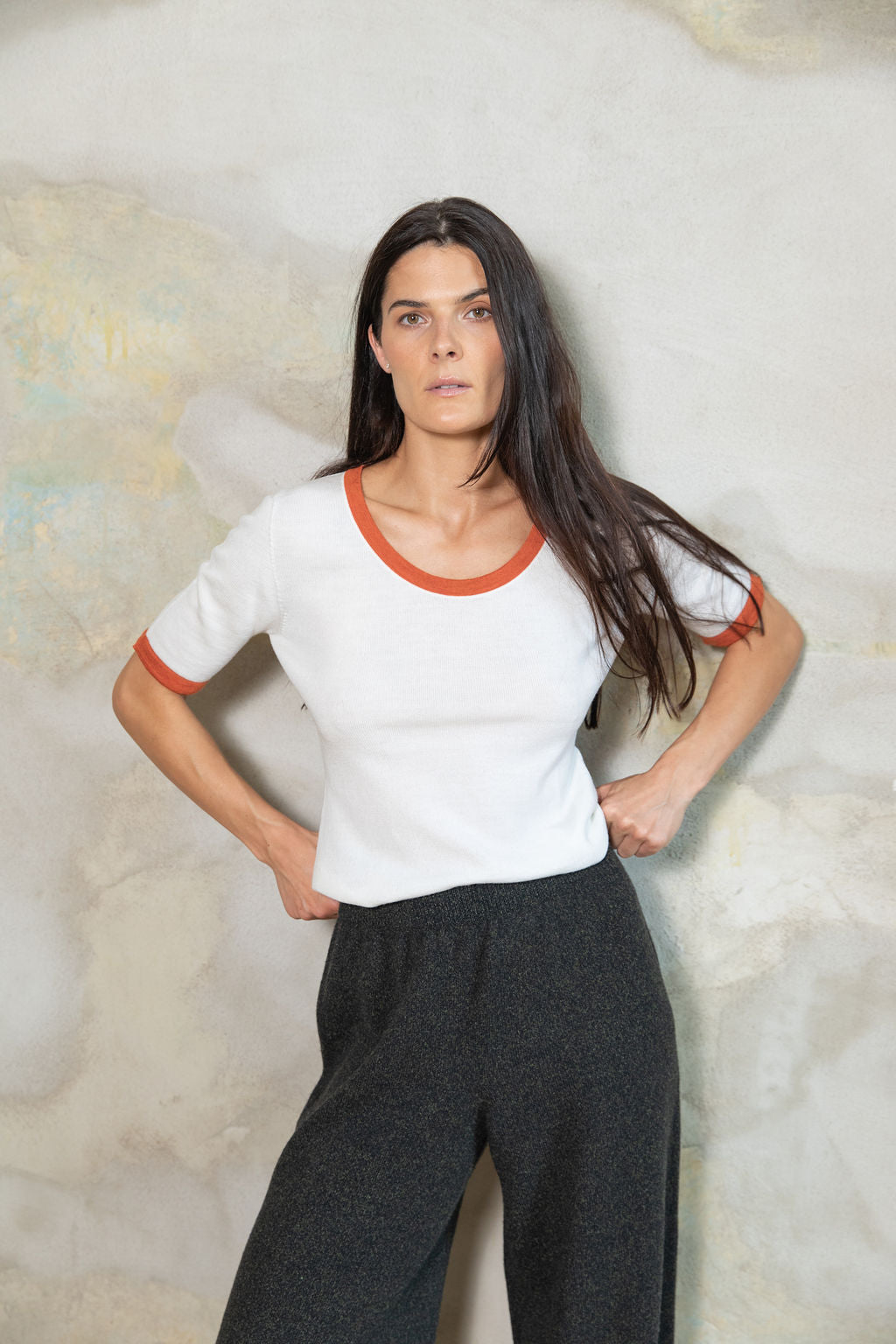 PEARL/RED ORANGE EXTRA FINE MERINO WOOL TEE