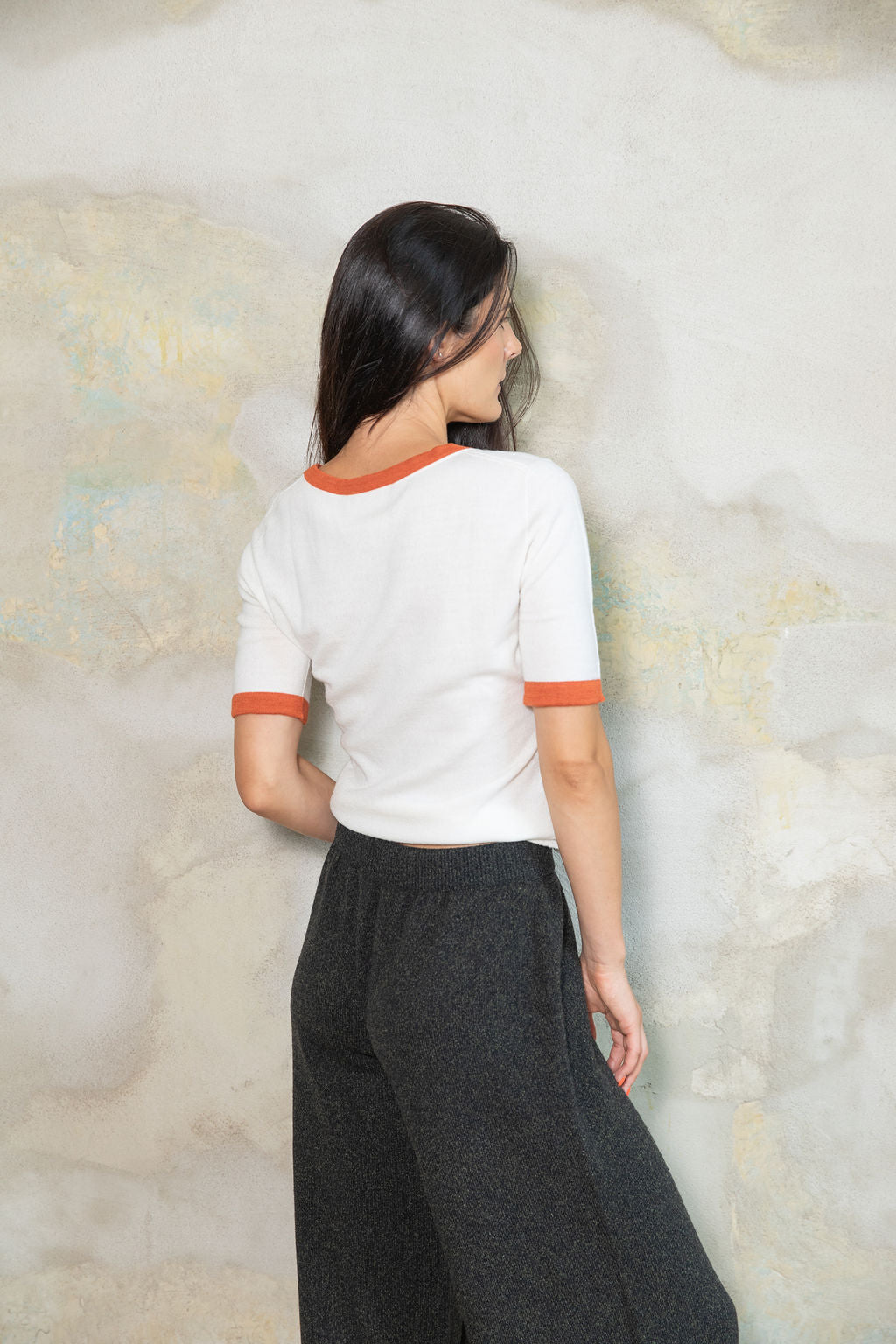 PEARL/RED ORANGE EXTRA FINE MERINO WOOL TEE