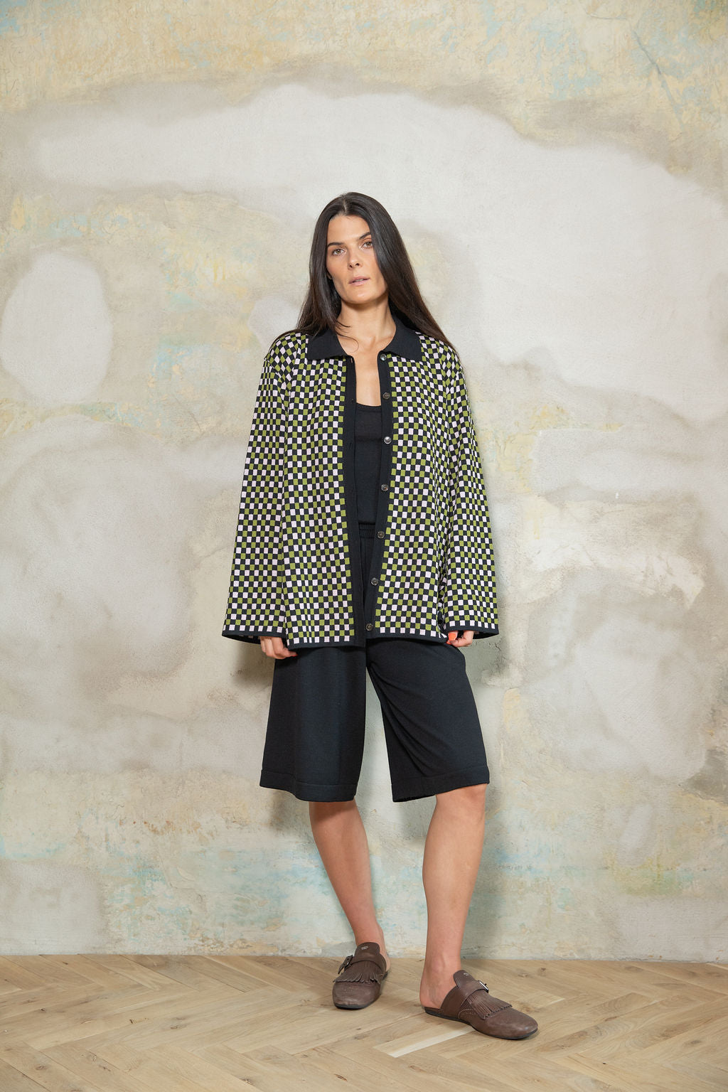LIME GREEN/BABY PINK/BLACK CHECKED EXTRA FINE MERINO WOOL POLO SHIRT