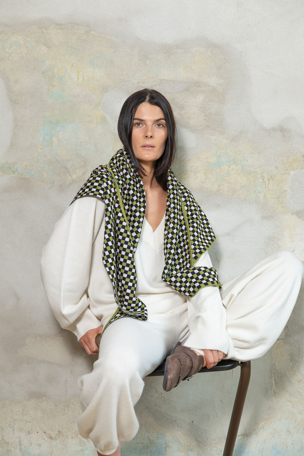 LIME GREEN/BABY PINK/BLACK CHECKED EXTRA FINE MERINO WOOL SCARF