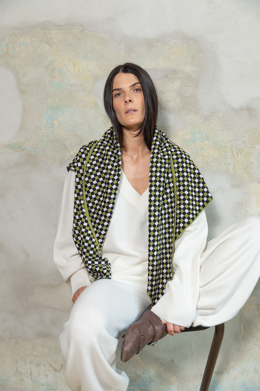 LIME GREEN/BABY PINK/BLACK CHECKED EXTRA FINE MERINO WOOL SCARF