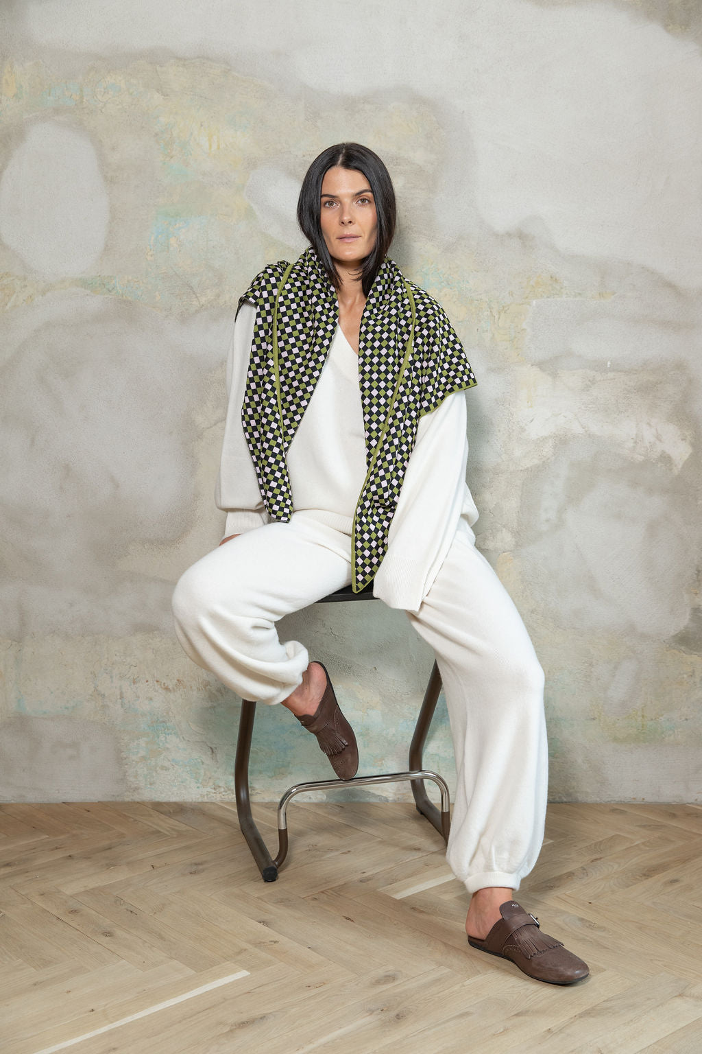 LIME GREEN/BABY PINK/BLACK CHECKED EXTRA FINE MERINO WOOL SCARF