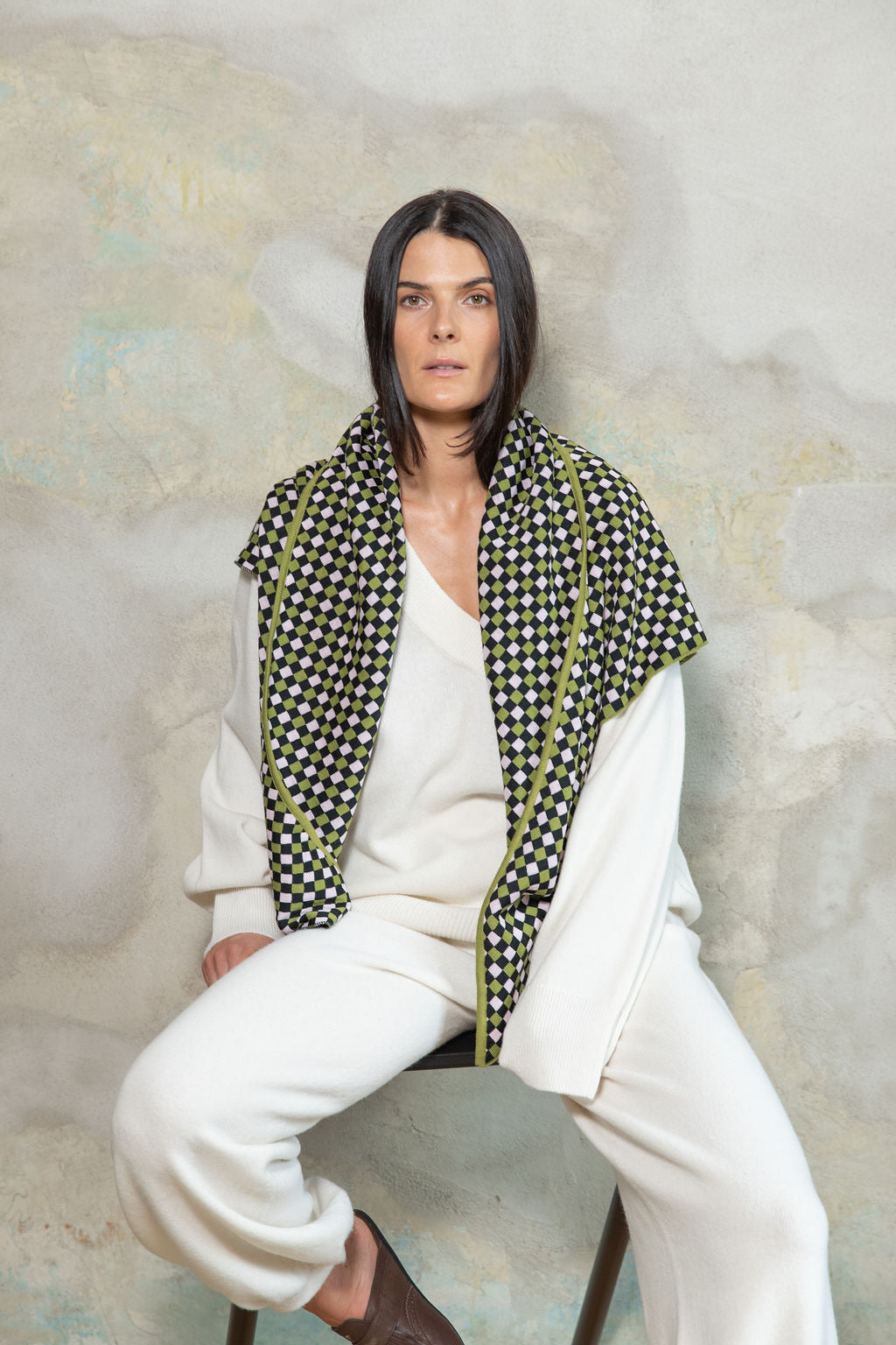 LIME GREEN/BABY PINK/BLACK CHECKED EXTRA FINE MERINO WOOL SCARF