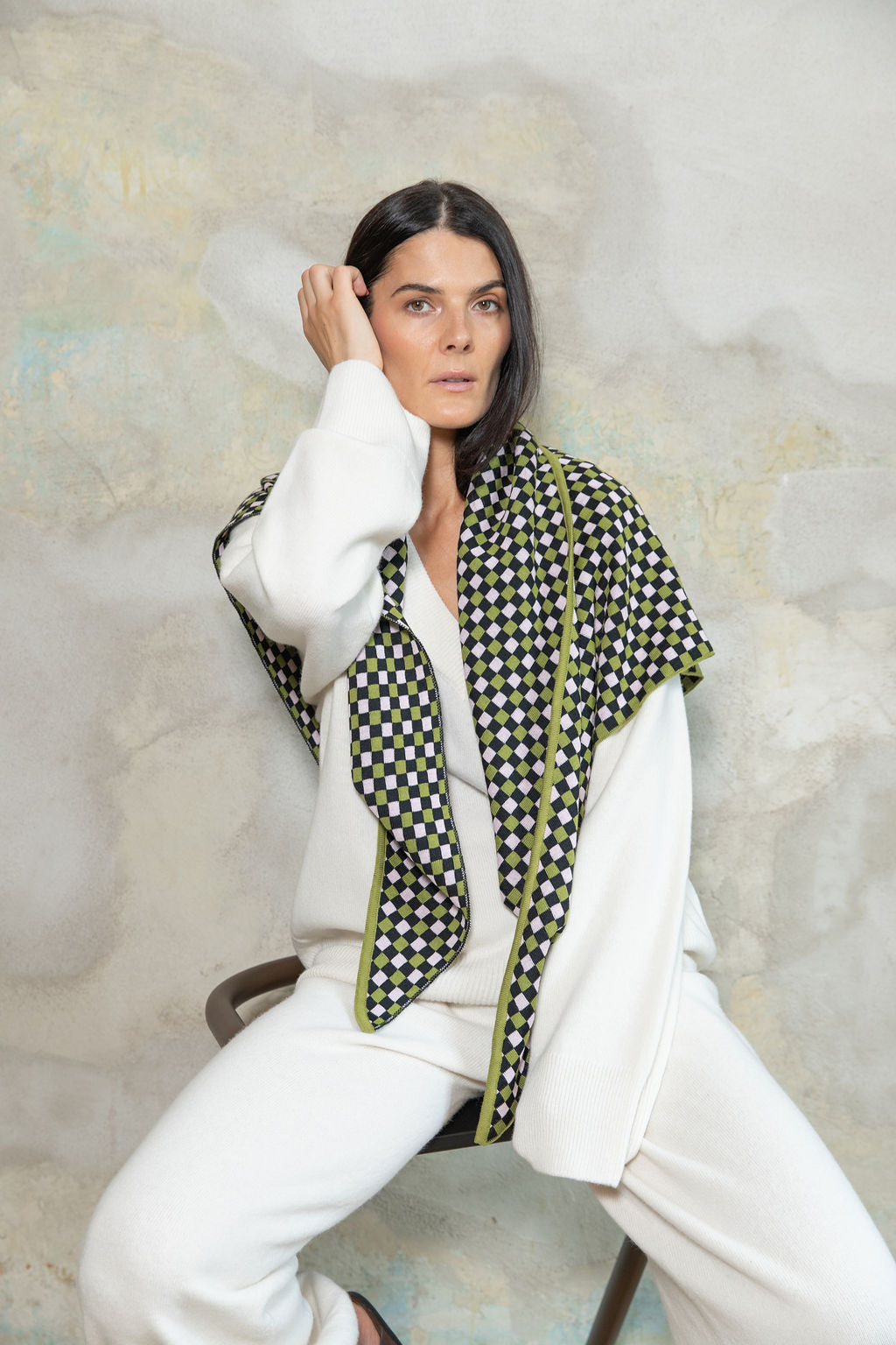 LIME GREEN/BABY PINK/BLACK CHECKED EXTRA FINE MERINO WOOL SCARF