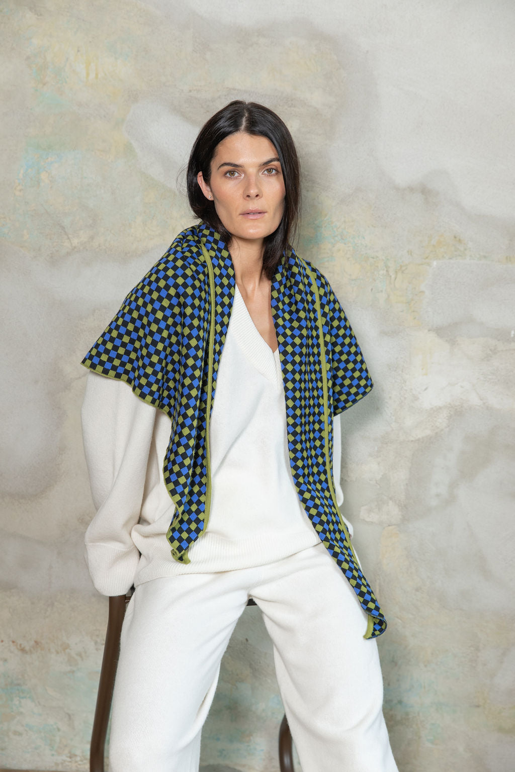LIME GREEN/ELECTRIC BLUE/BLACK CHECKED EXTRA FINE MERINO WOOL SCARF