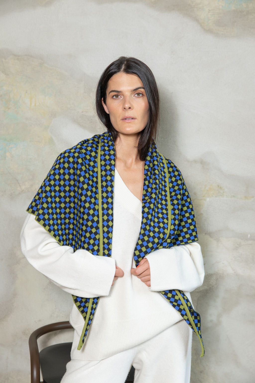 LIME GREEN/ELECTRIC BLUE/BLACK CHECKED EXTRA FINE MERINO WOOL SCARF