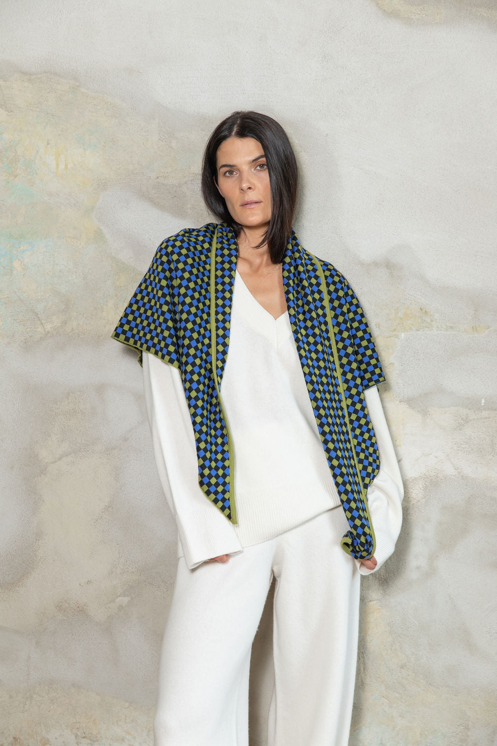 LIME GREEN/ELECTRIC BLUE/BLACK CHECKED EXTRA FINE MERINO WOOL SCARF
