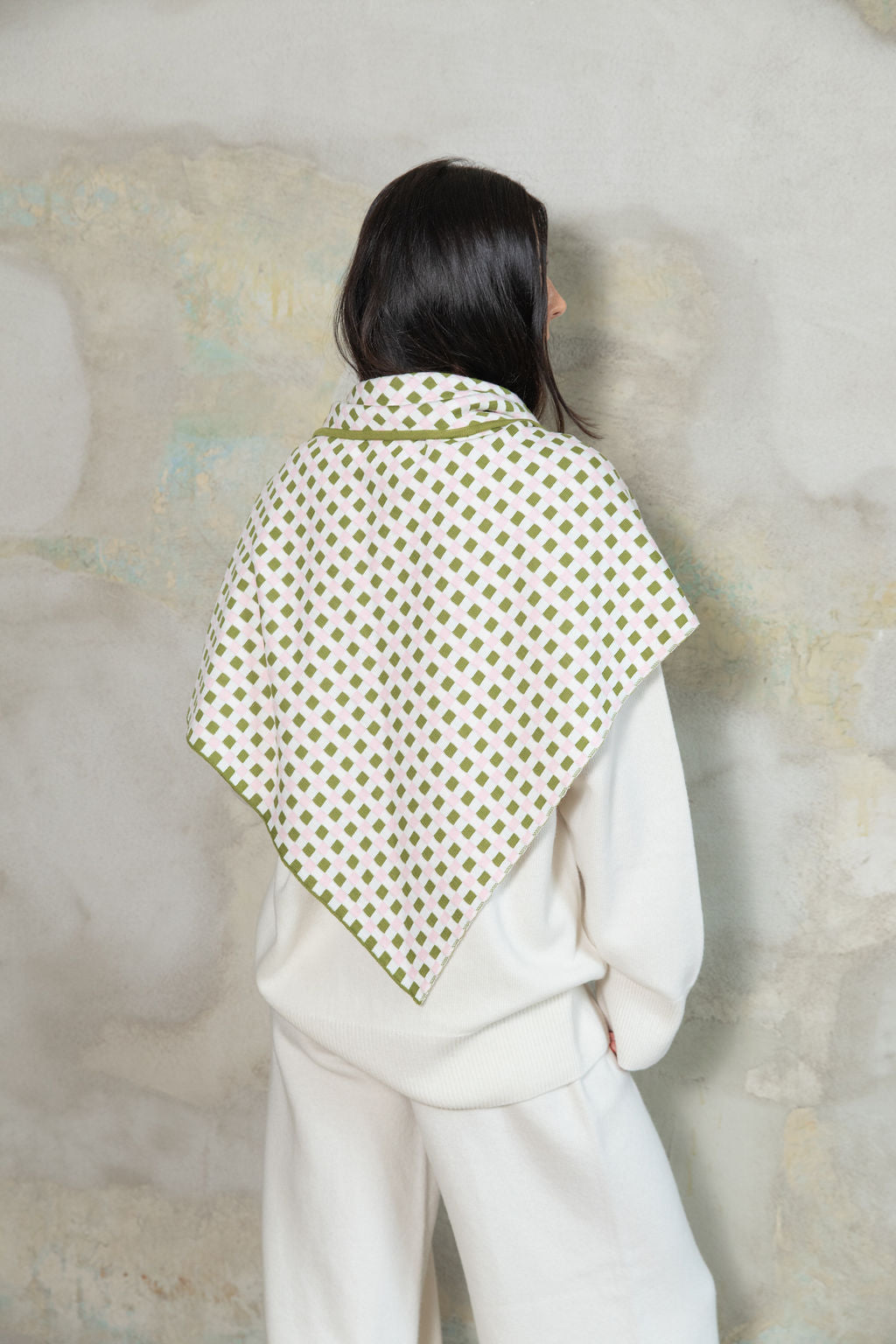 LIME GREEN/BABY PINK/PEARL CHECKED EXTRA FINE MERINO WOOL SCARF