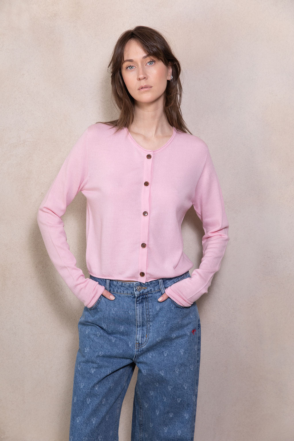 BABY PINK EXTRA FINE MERINO WOOL BUTTON-UP MINI CARDIGAN
