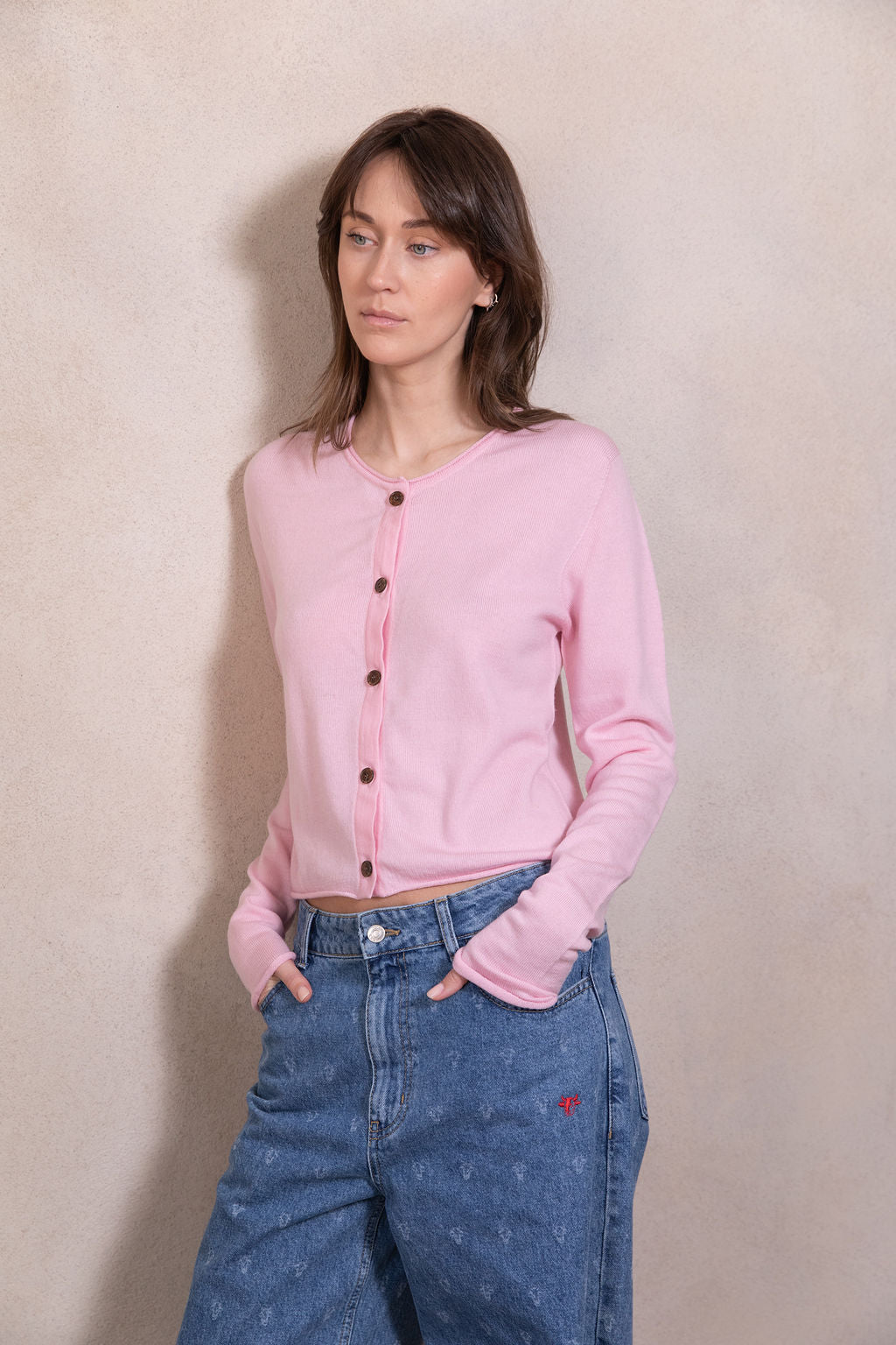 BABY PINK EXTRA FINE MERINO WOOL BUTTON-UP MINI CARDIGAN