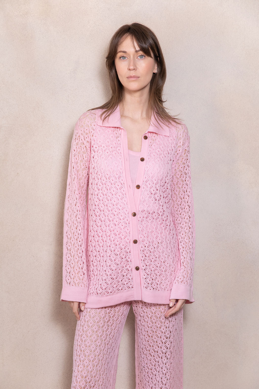 BABY PINK EXTRA FINE MERINO WOOL LACE POLO SHIRT