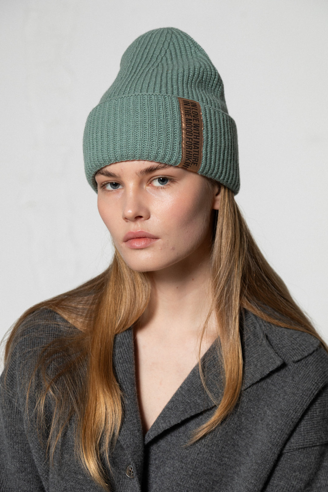 SEA GREEN LAMBWOOL BEANIE WITH CHOCOLATE LABEL